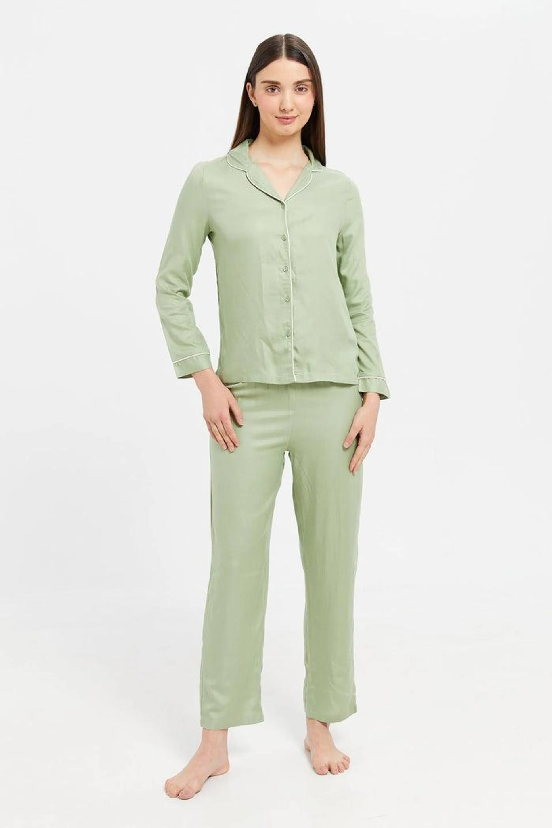 Women Mint Piping Pyjama Set (2 Piece)