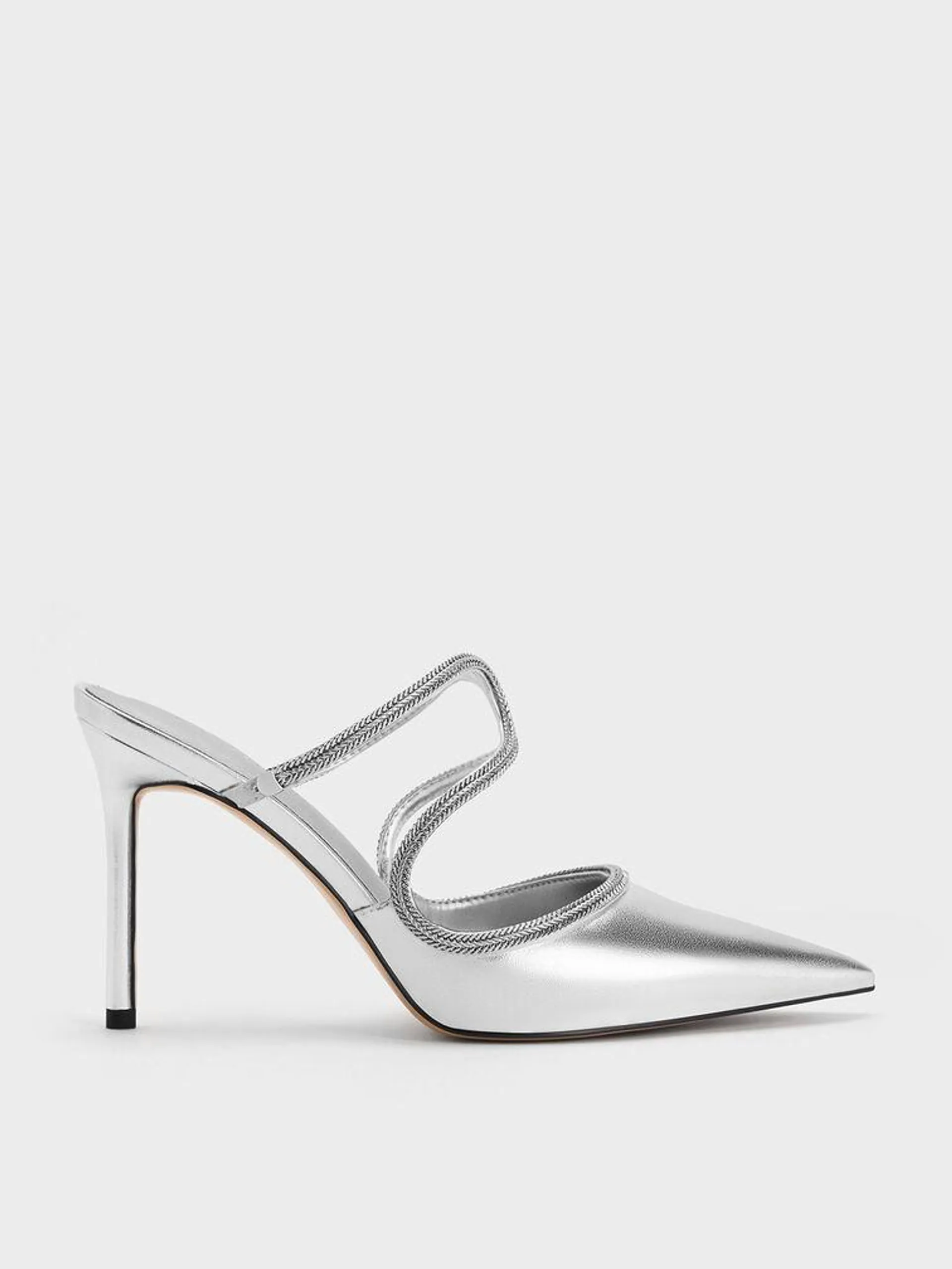 Metallic Braided-Strap Stiletto-Heel Mules