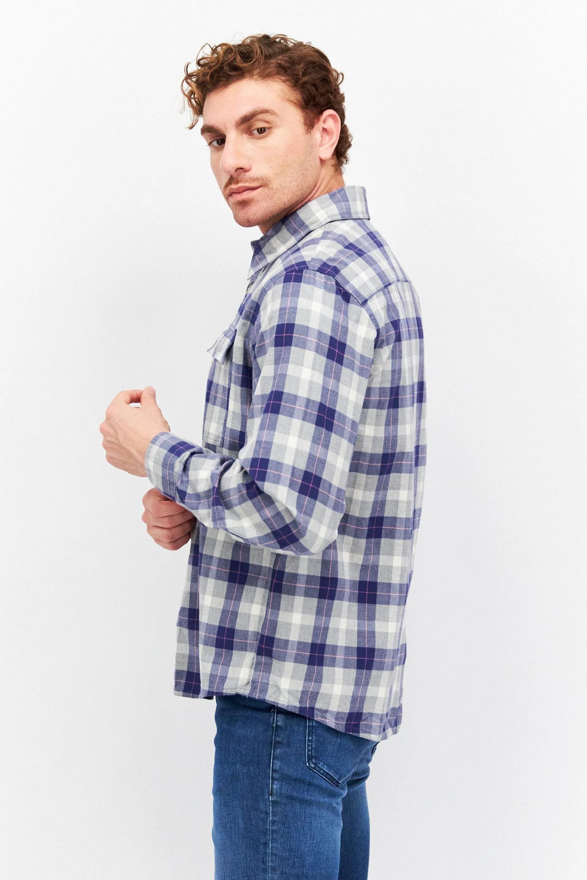 Men Regular Fit Checkered Casual Shirts, Grey/Navy Blue/White