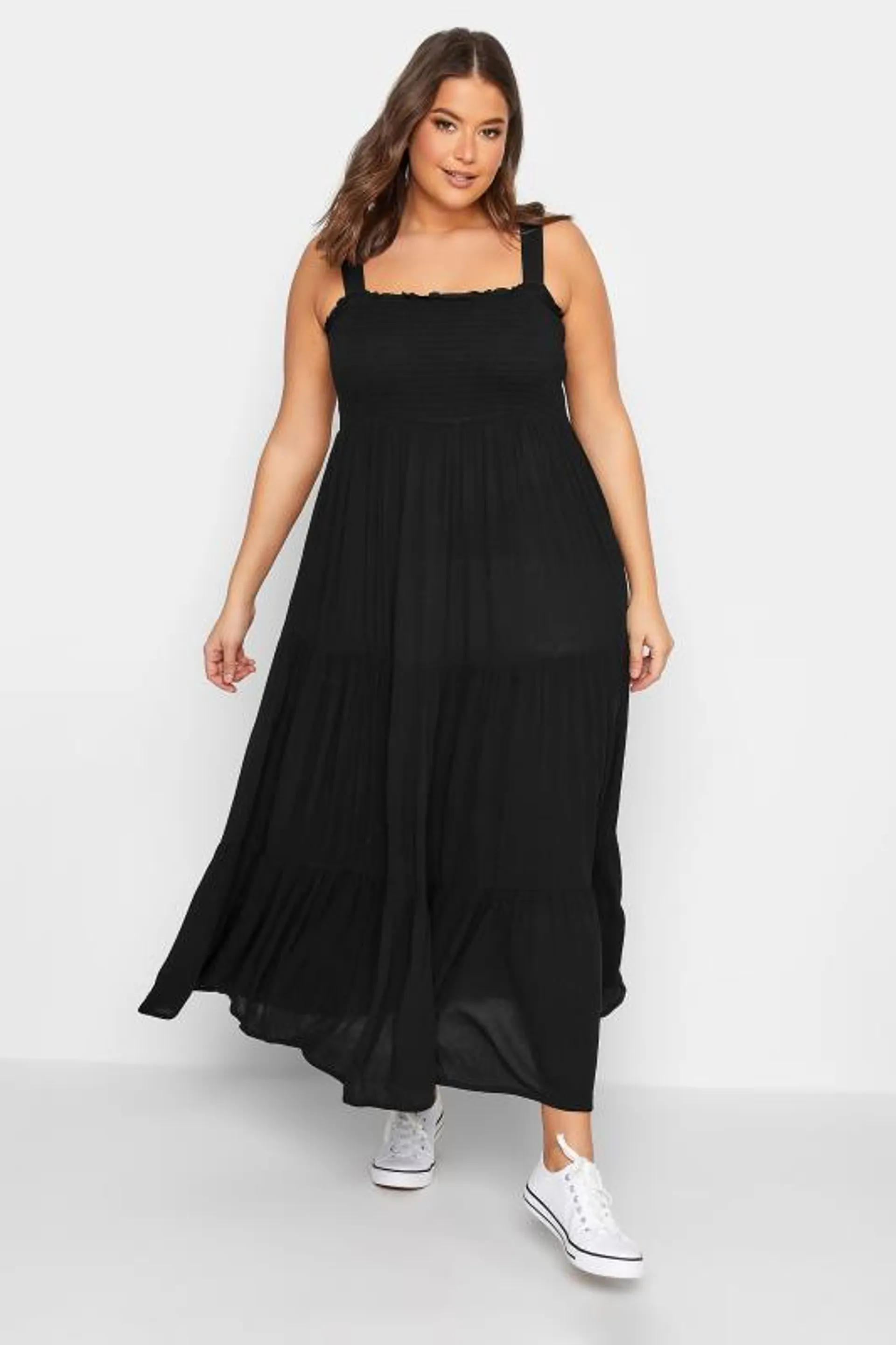 YOURS Curve Black Shirred Strappy Sundress