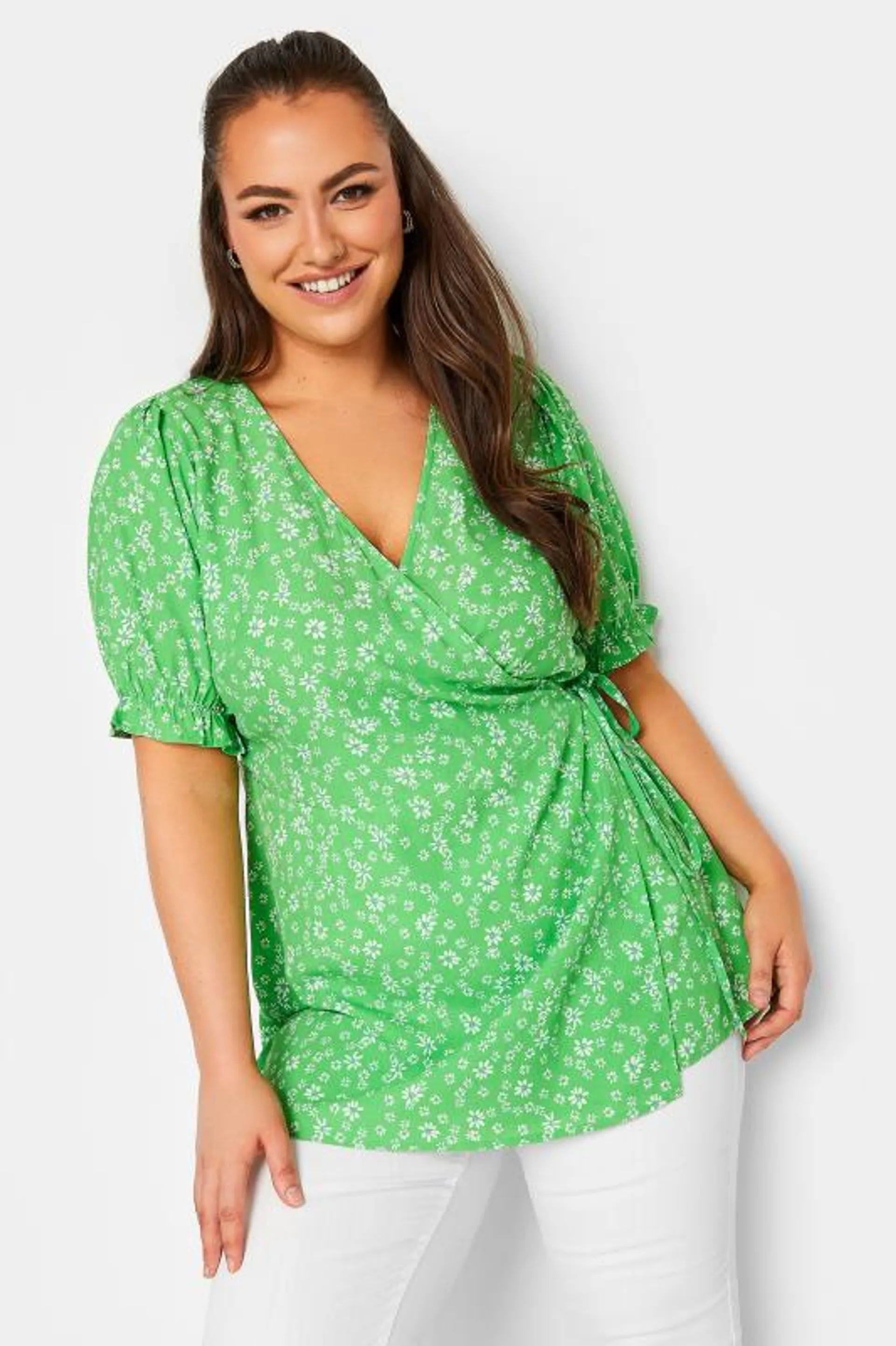 YOURS Curve Green Floral Print Wrap Top