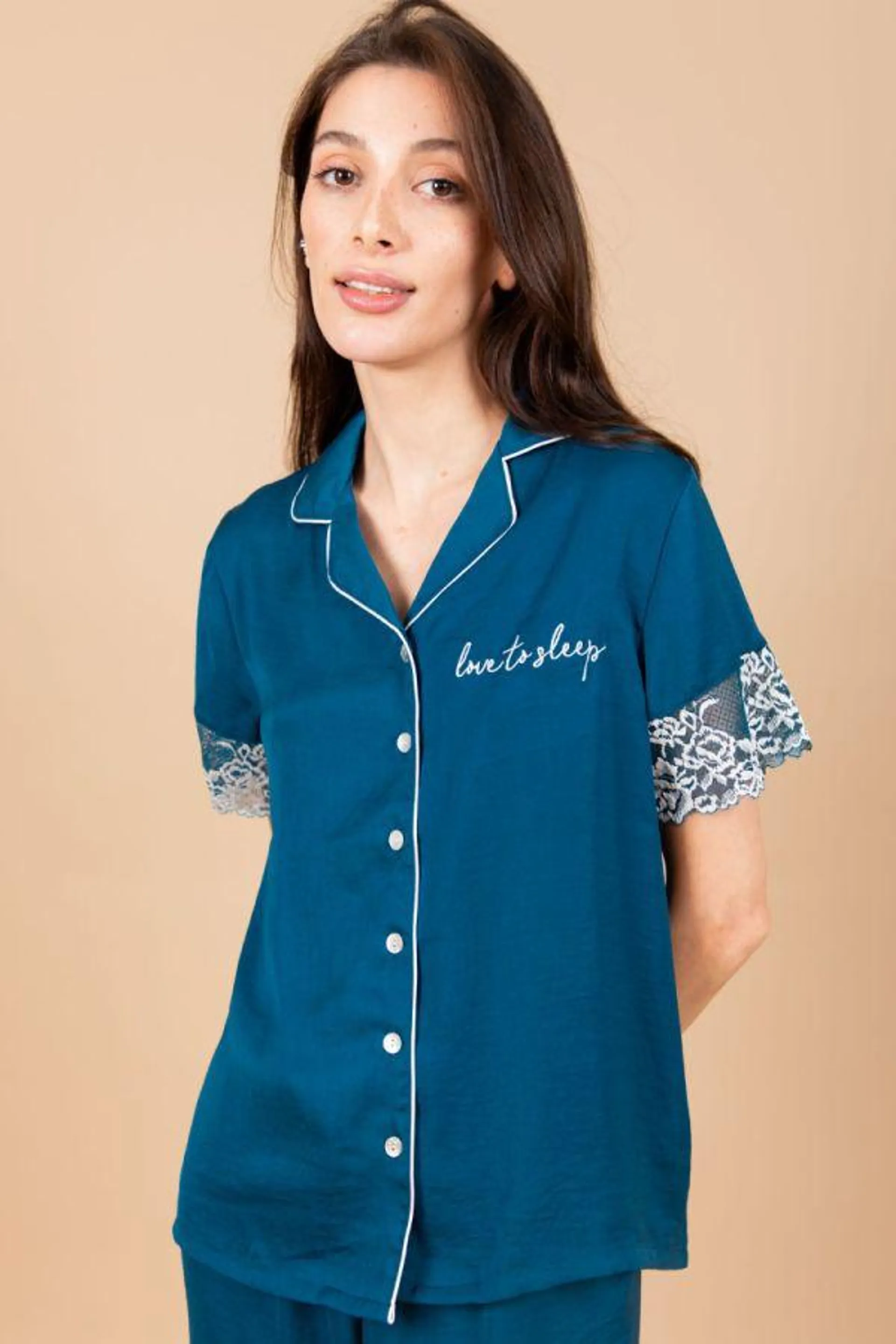 Ladies Teal Satin White Lace Button Through Top