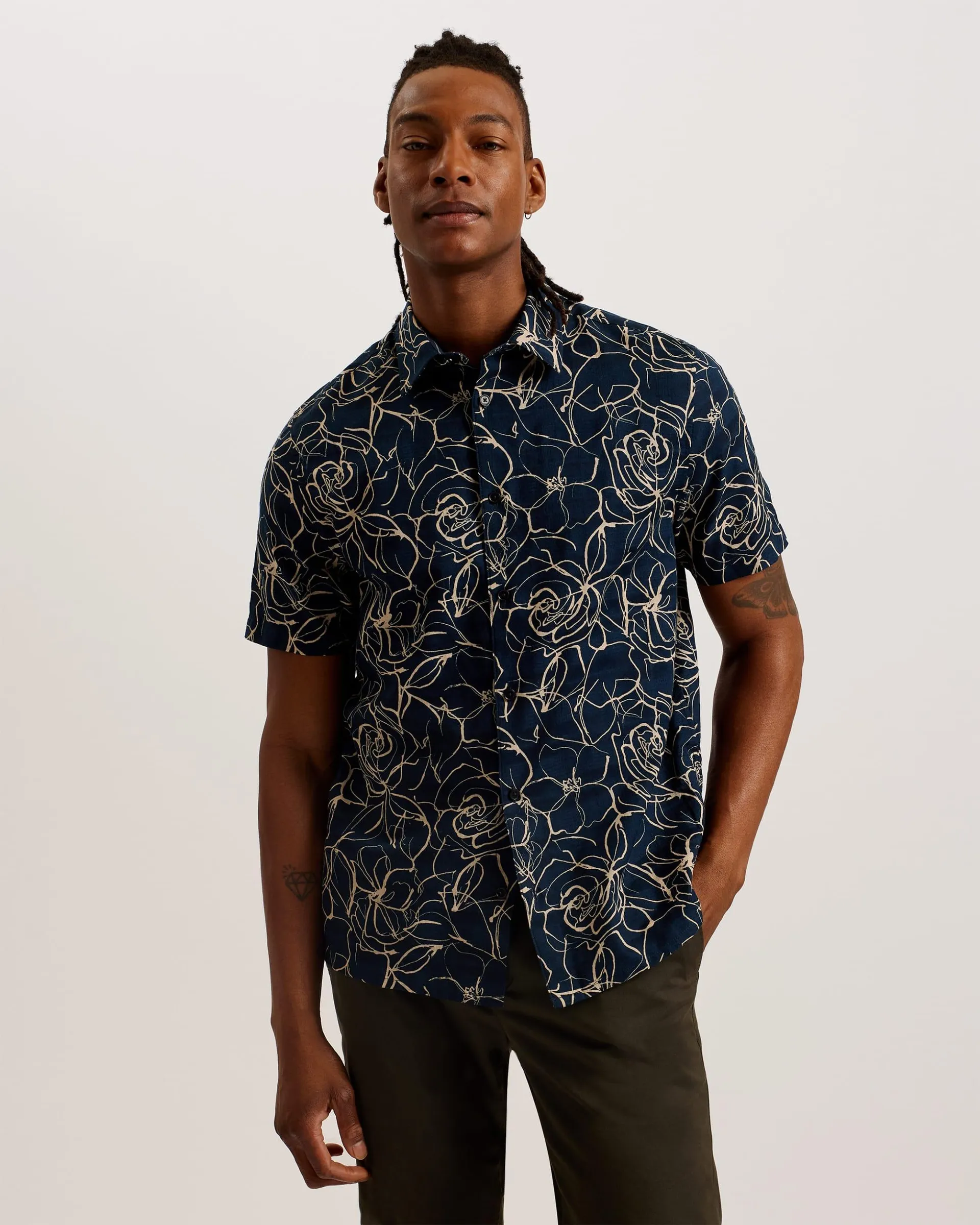 Cavu Short Sleeve Printed Cotton Shirt Navy