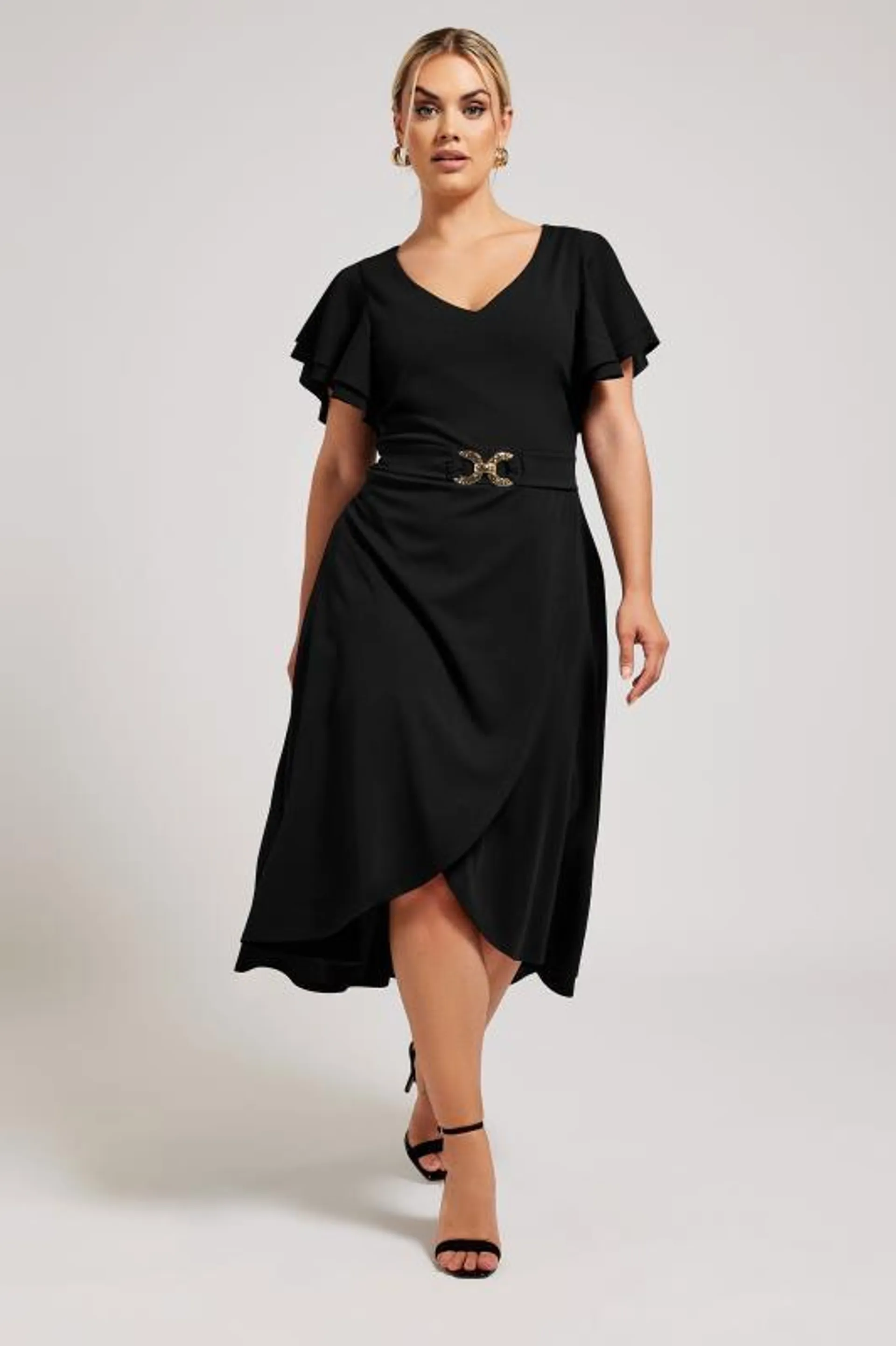 YOURS LONDON Curve Black Buckle Dipped Hem Midi Dress