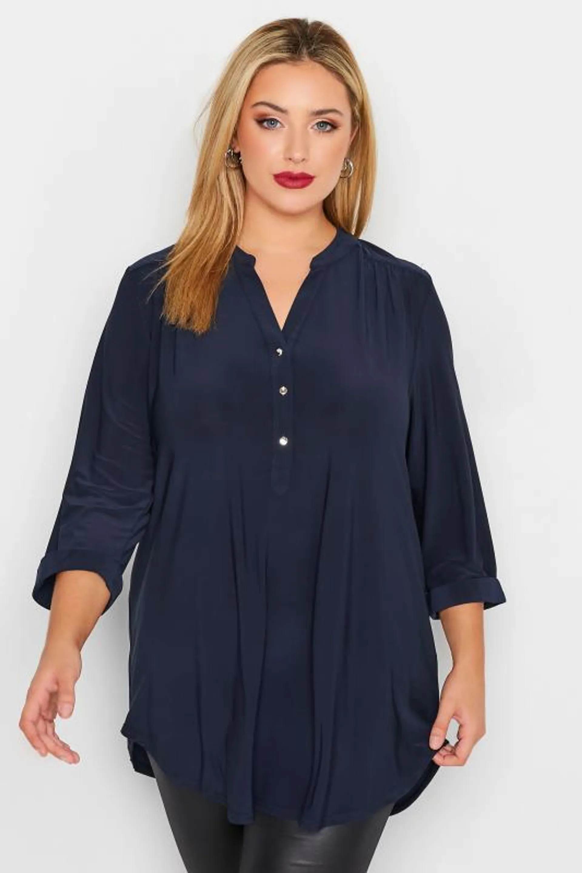 YOURS LONDON Curve Navy Blue Half Placket Shirt