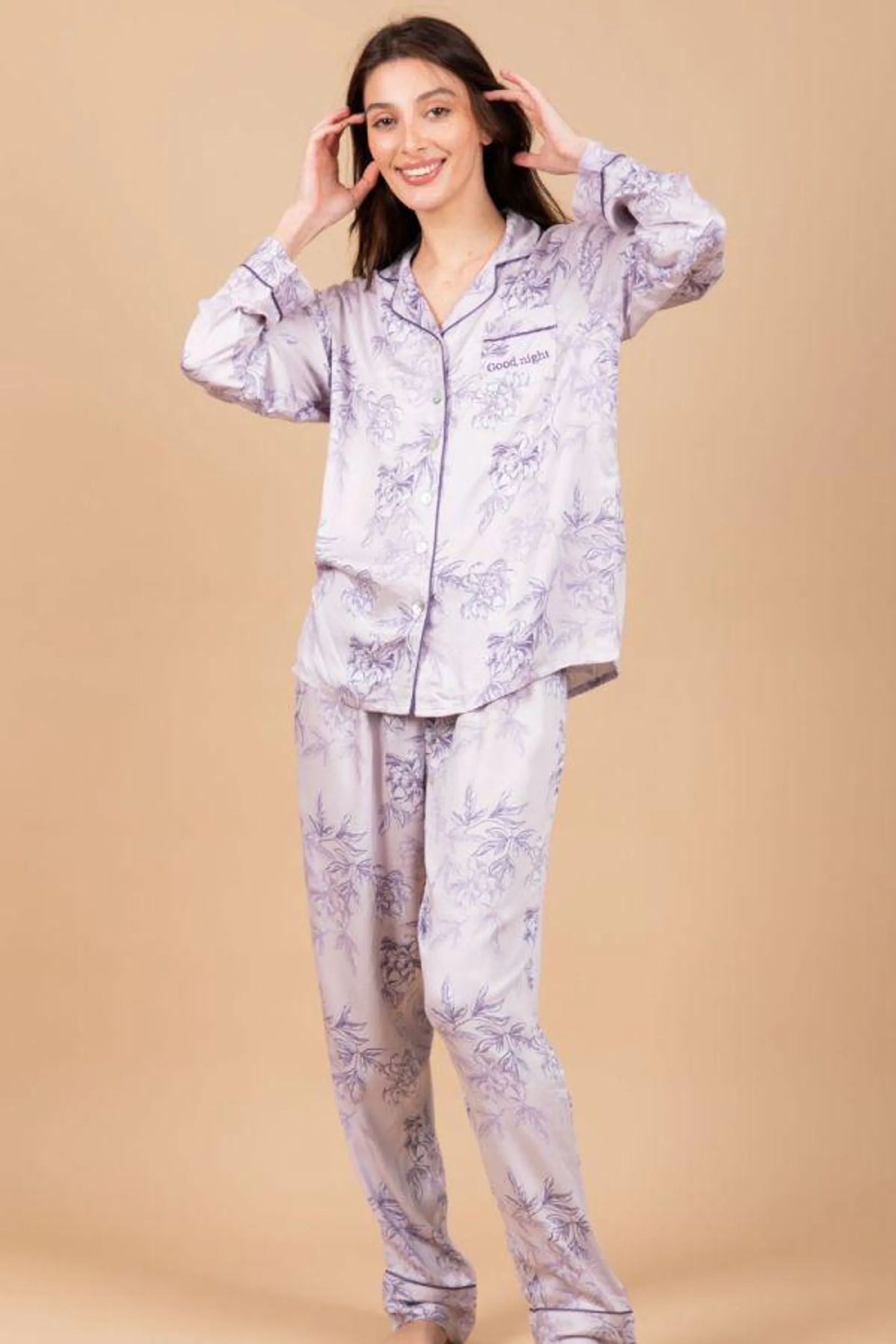 Ladies Grey Sketchy Floral Button Through PJ