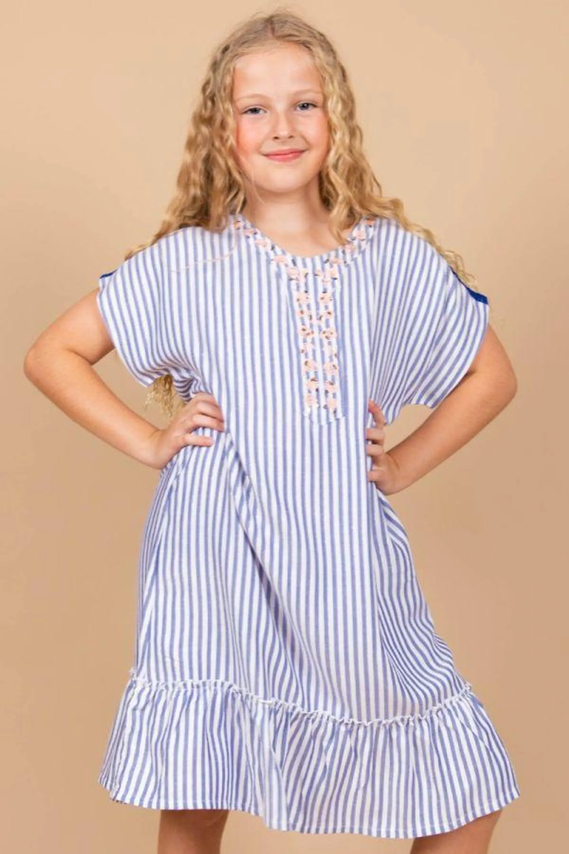 Girls Blue & White Stripe Embroidery Dress