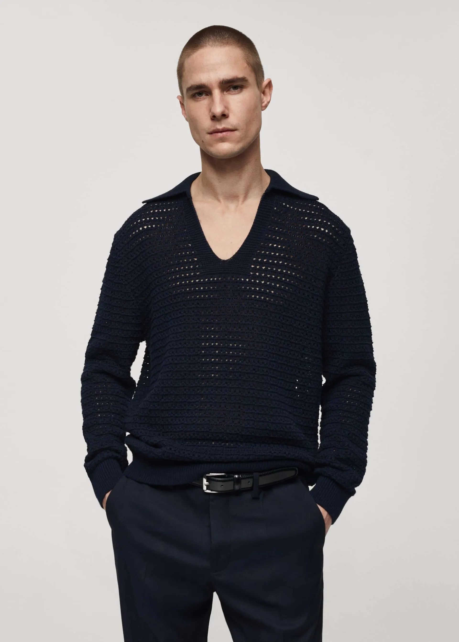 Openwork knit polo neck sweater