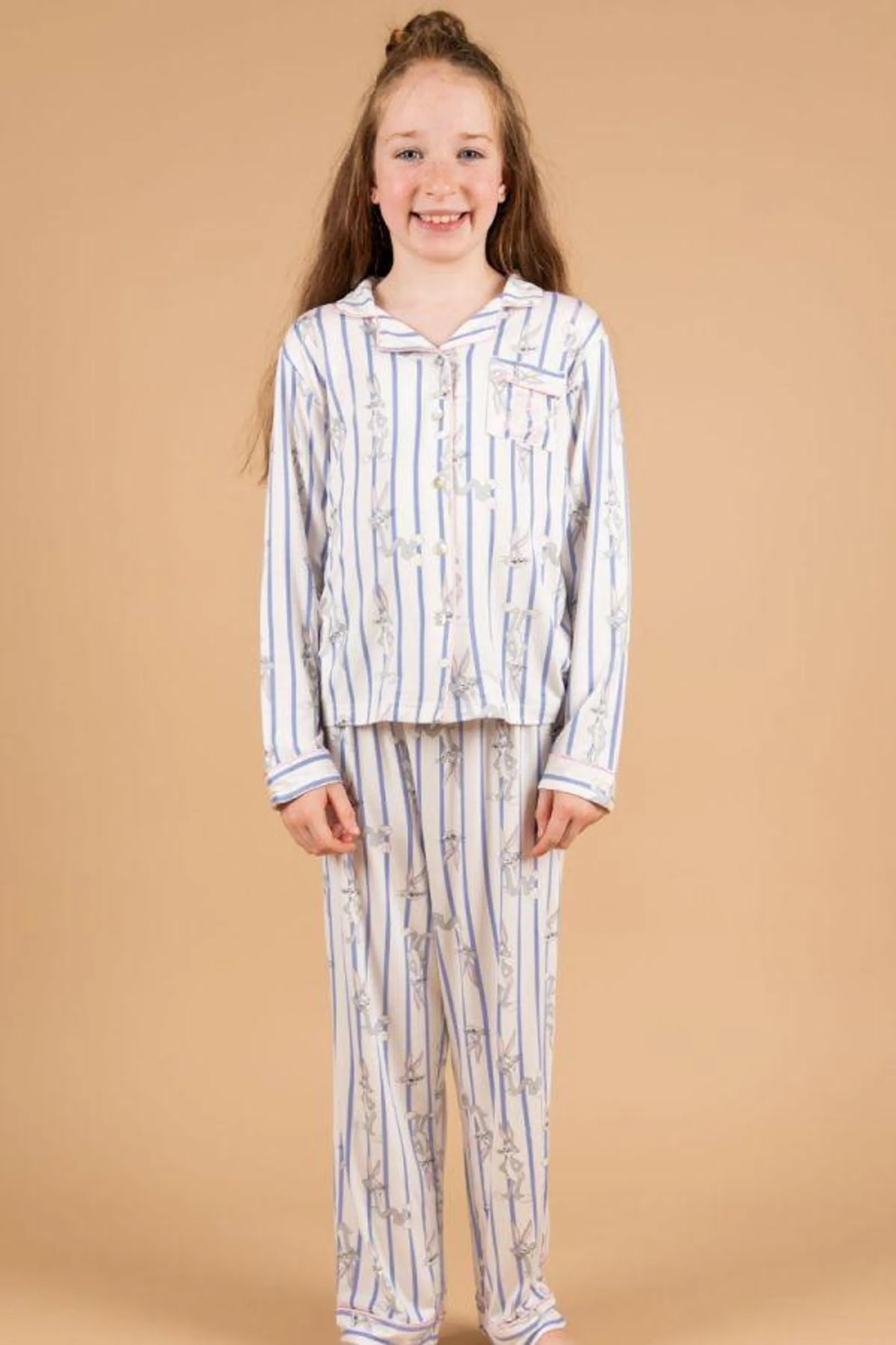 Girls Blue Stripe Bugs Button Through PJ