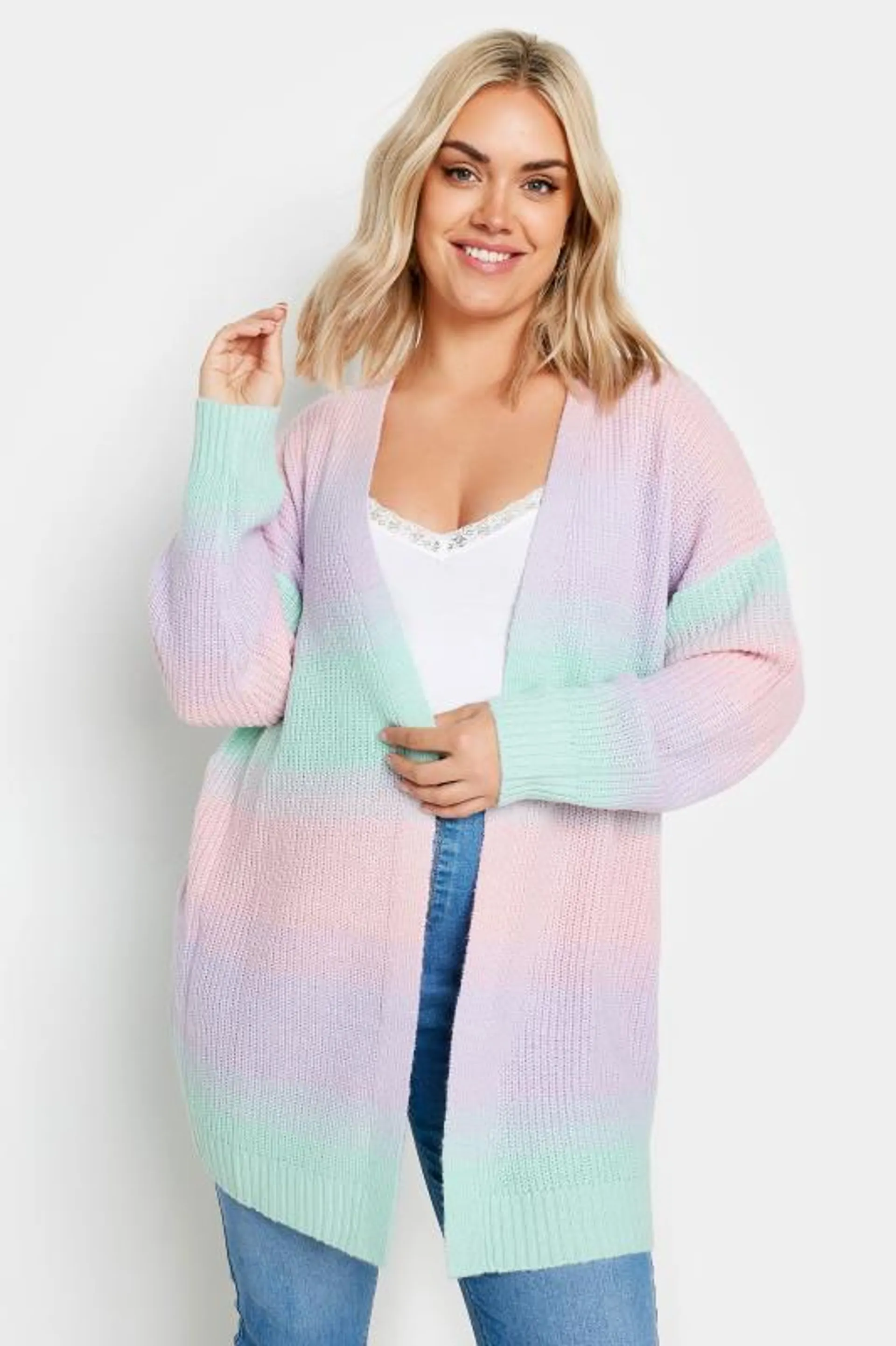 YOURS Curve Pastel Pink & Blue Ombre Stripe Knitted Cardigan