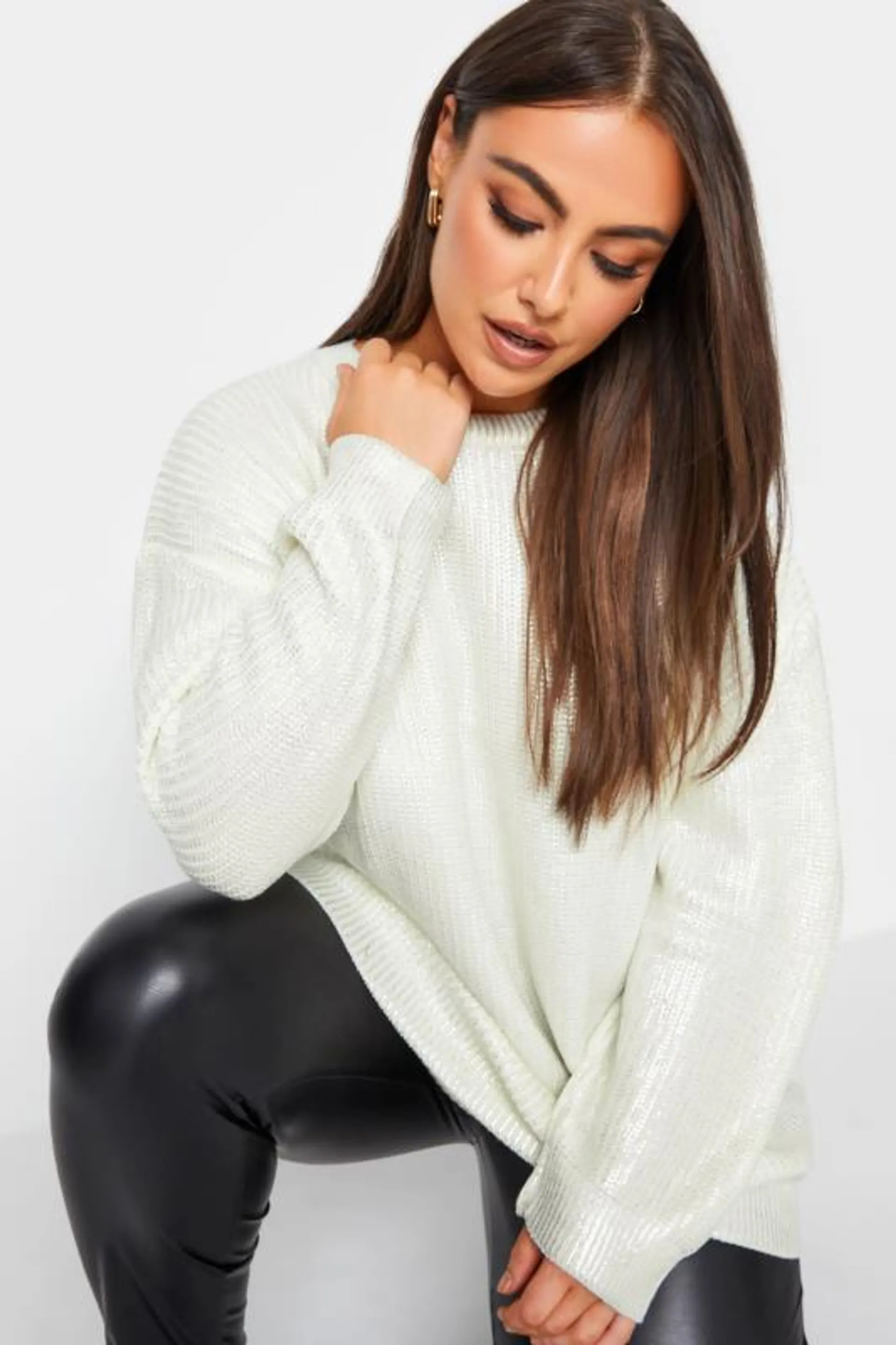 YOURS Curve White Foil Print V-Neck Jumper