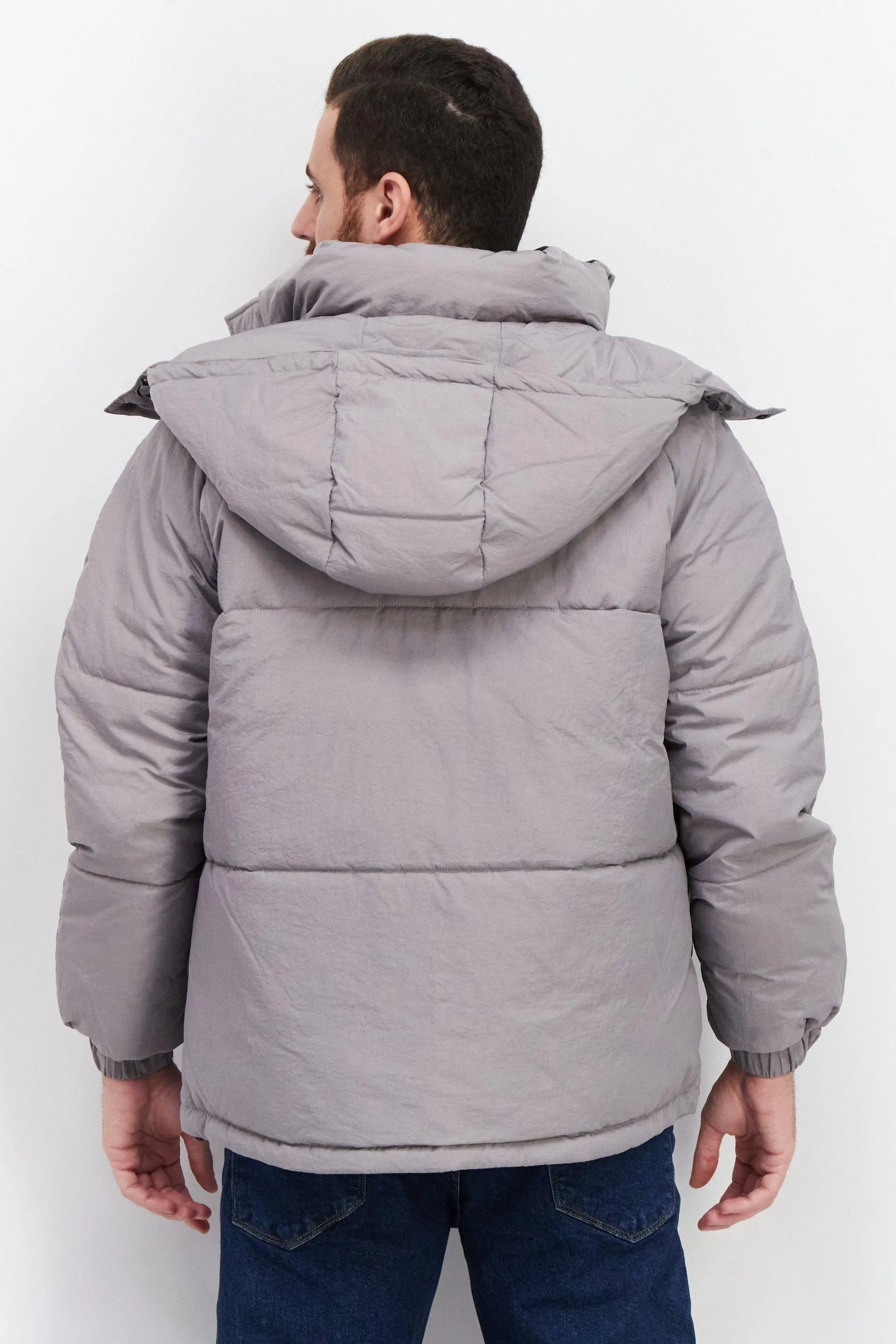 Men Hooded Brand Logo Puffer Jacket, Mid Grey