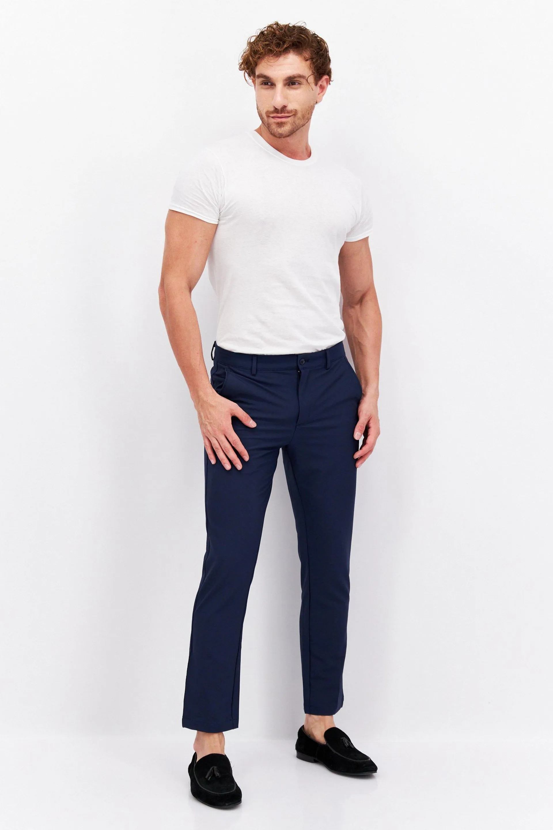 Men Classic Fit Solid Stretchable Dress Pants, Blue