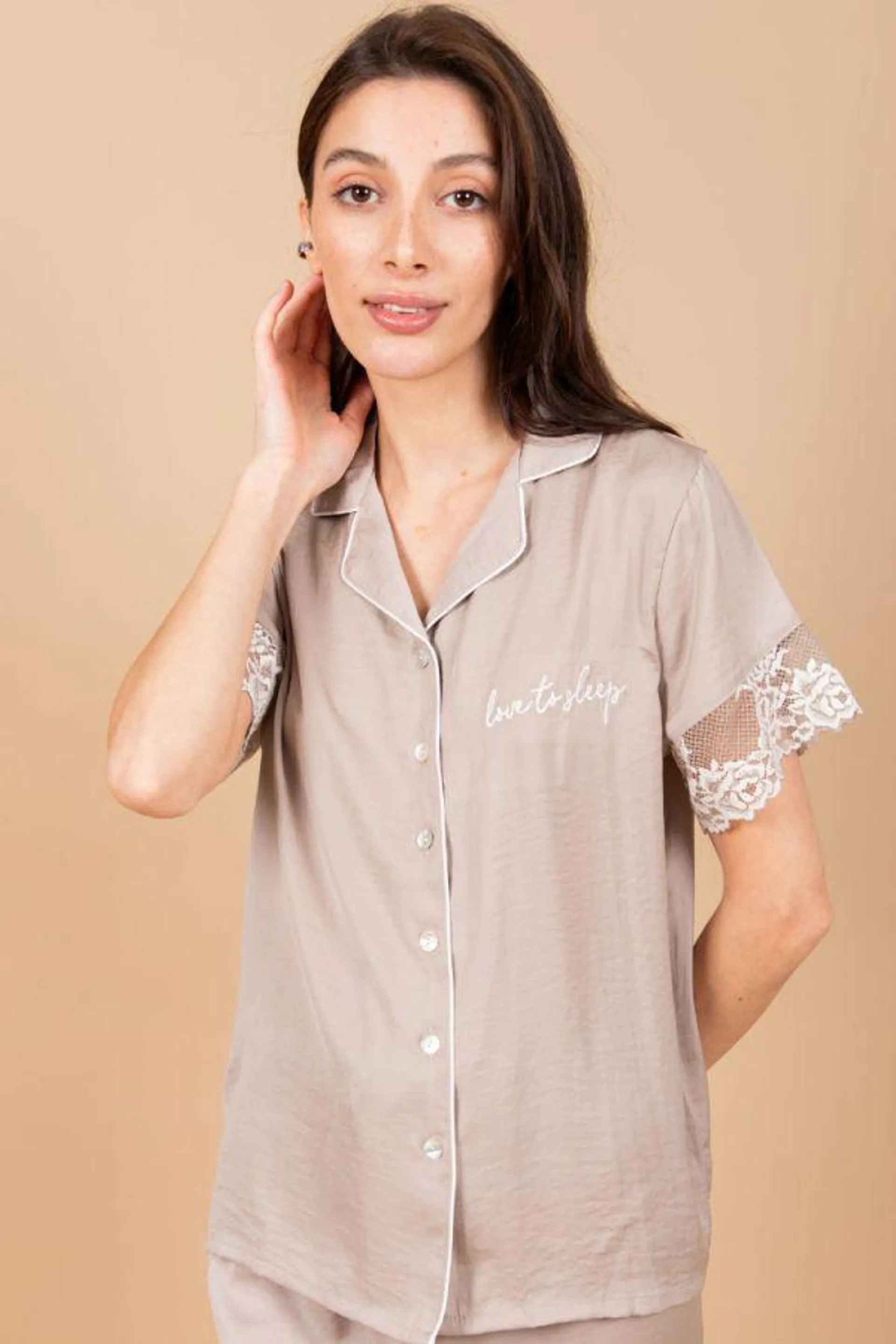 Ladies Taupe Satin White Lace Button Through Top