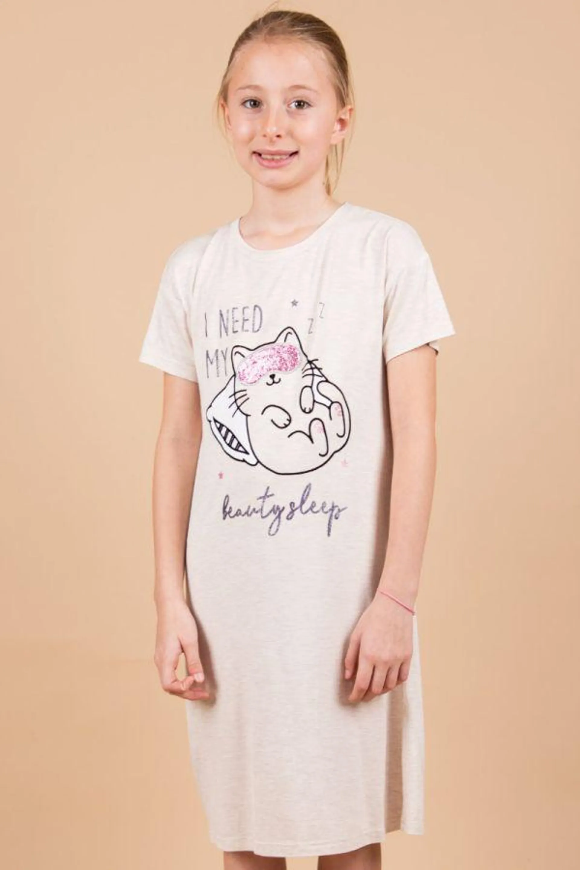 Girls Oatmeal Cat Beauty Sleep Nightdress