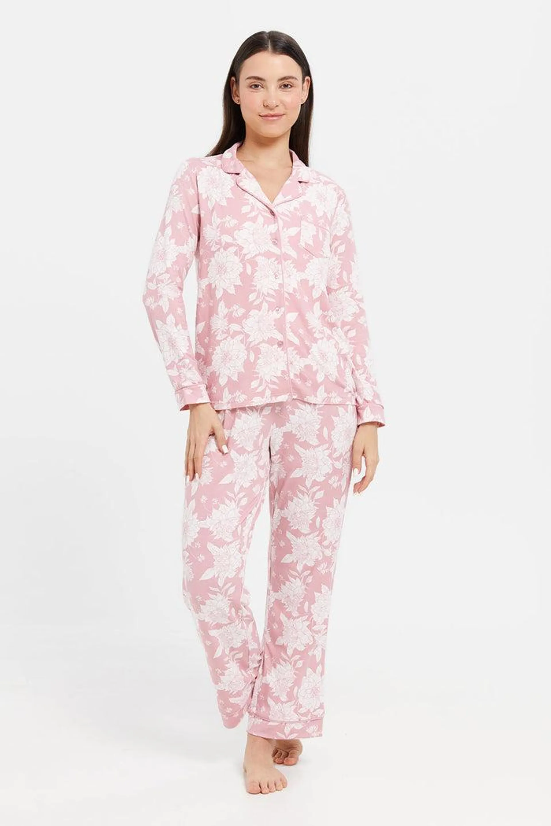 Women Pink Printed Pyjama Set (2 Piece)