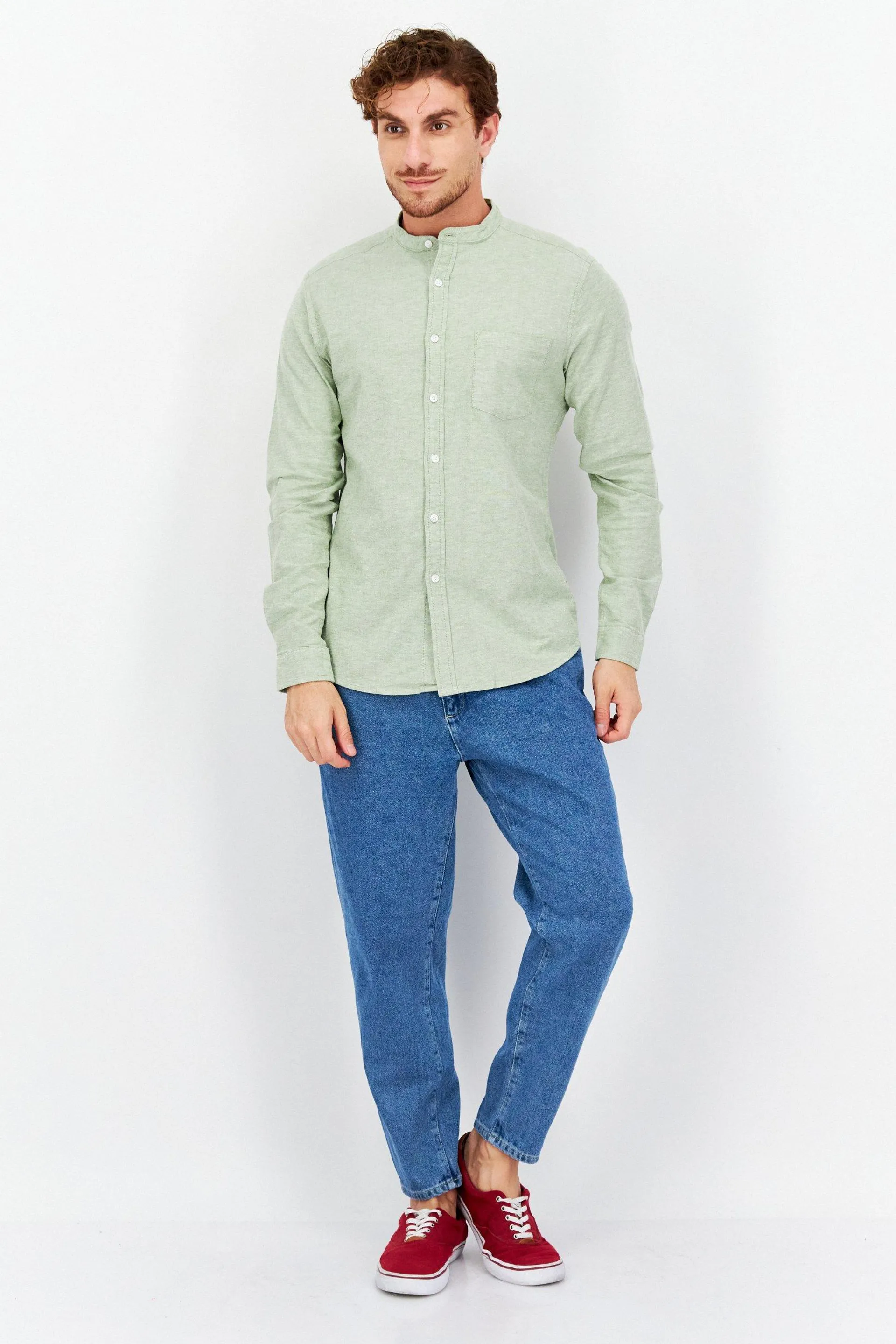 Men Slim Fit Textured Long Sleeves Casual Shirt, Light Green