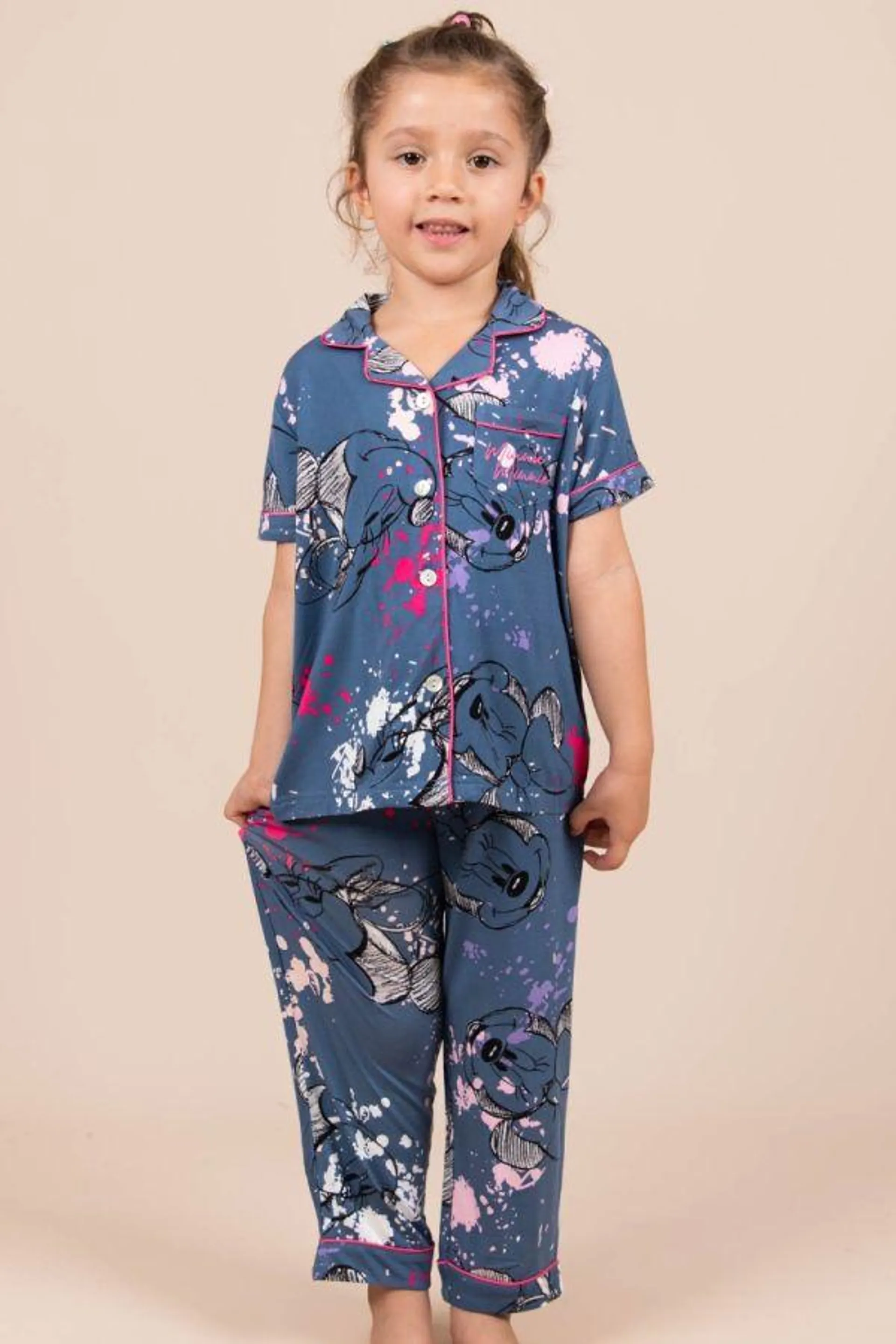 Girls Dusky Blue Paint Splash Minnie Button Through PJ