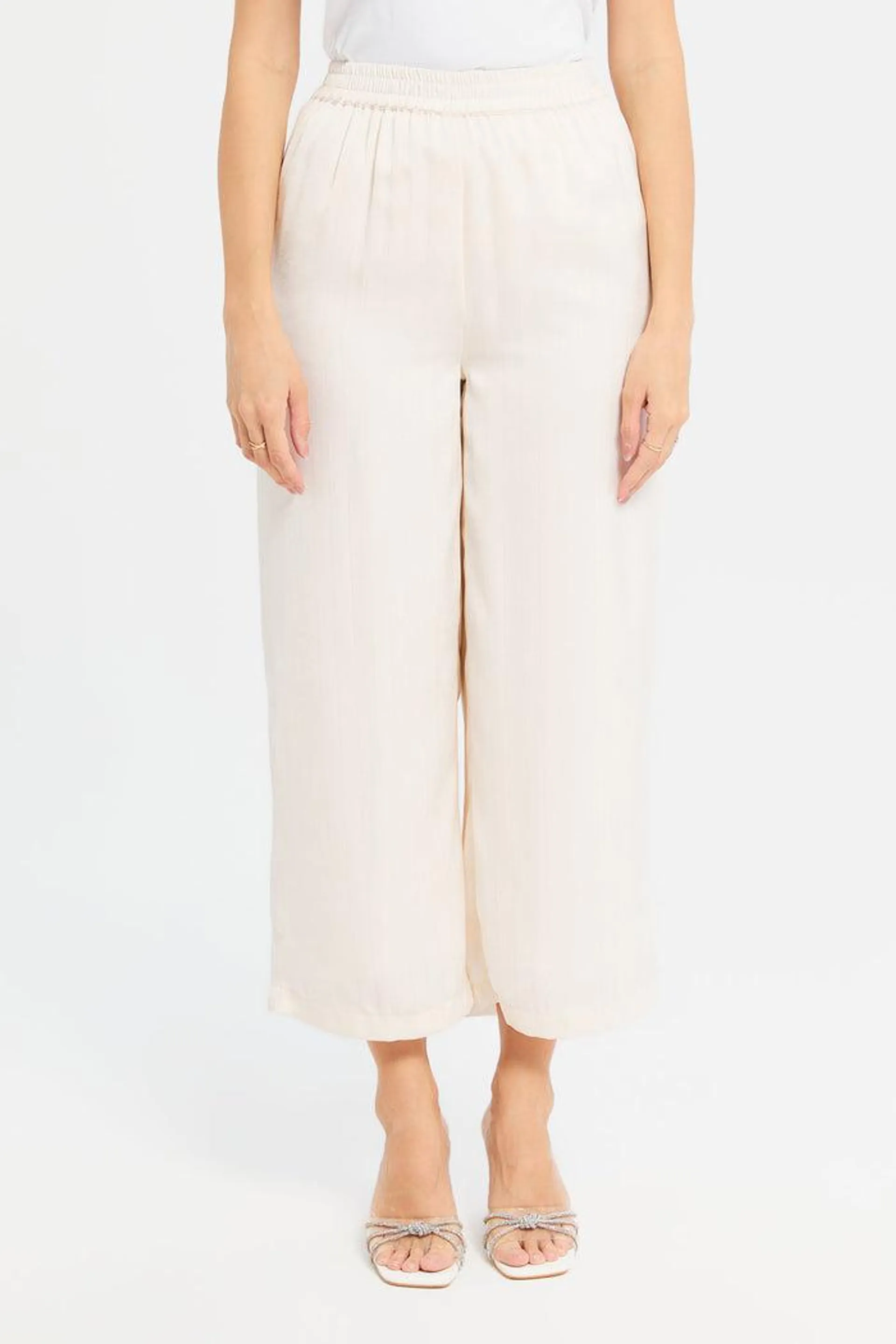 Women Ivory Lurex Striped Wide Leg Trouser