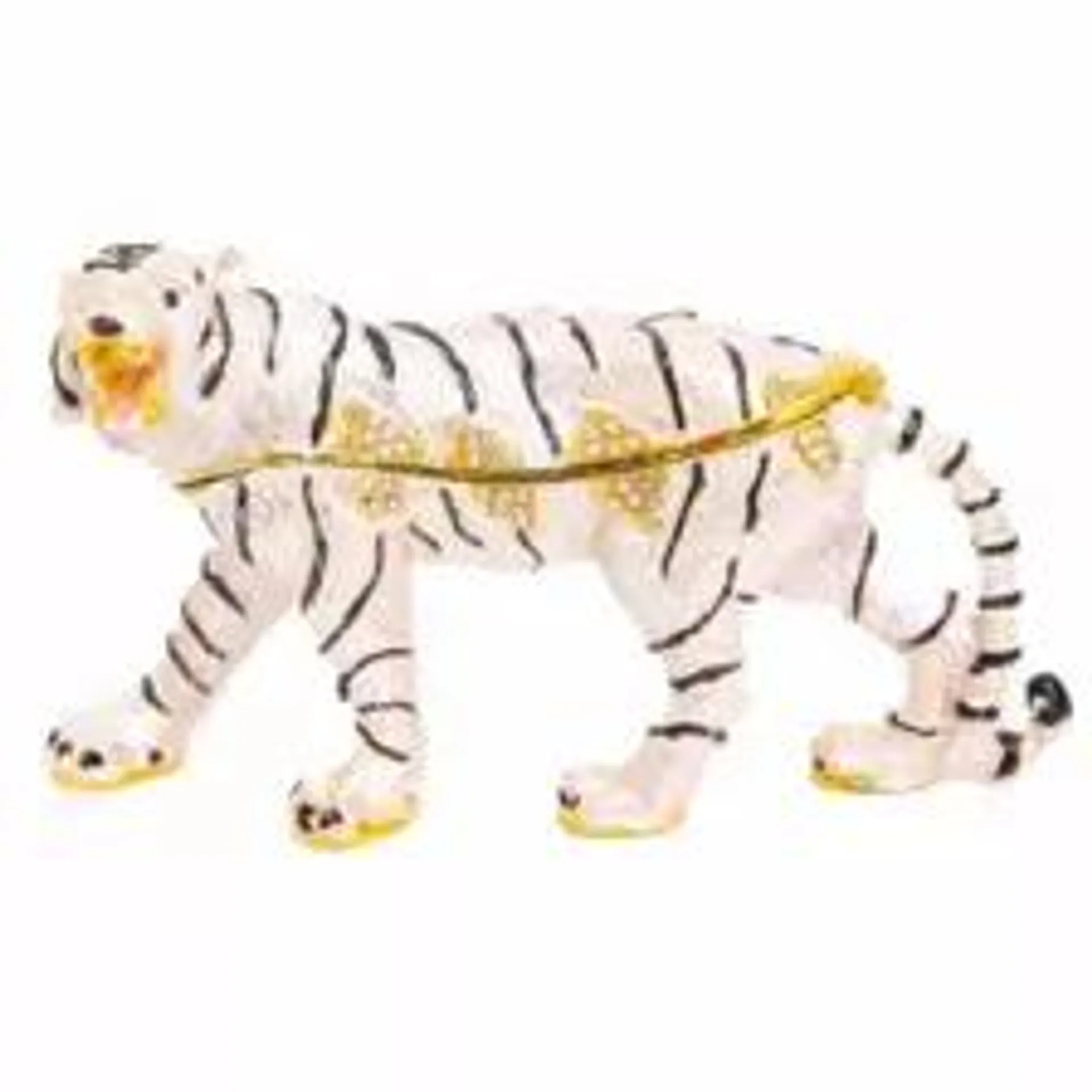 Silver Metal Classic Tiger Figurine Sculpture with Silver Enamel, Crystals Medium Size