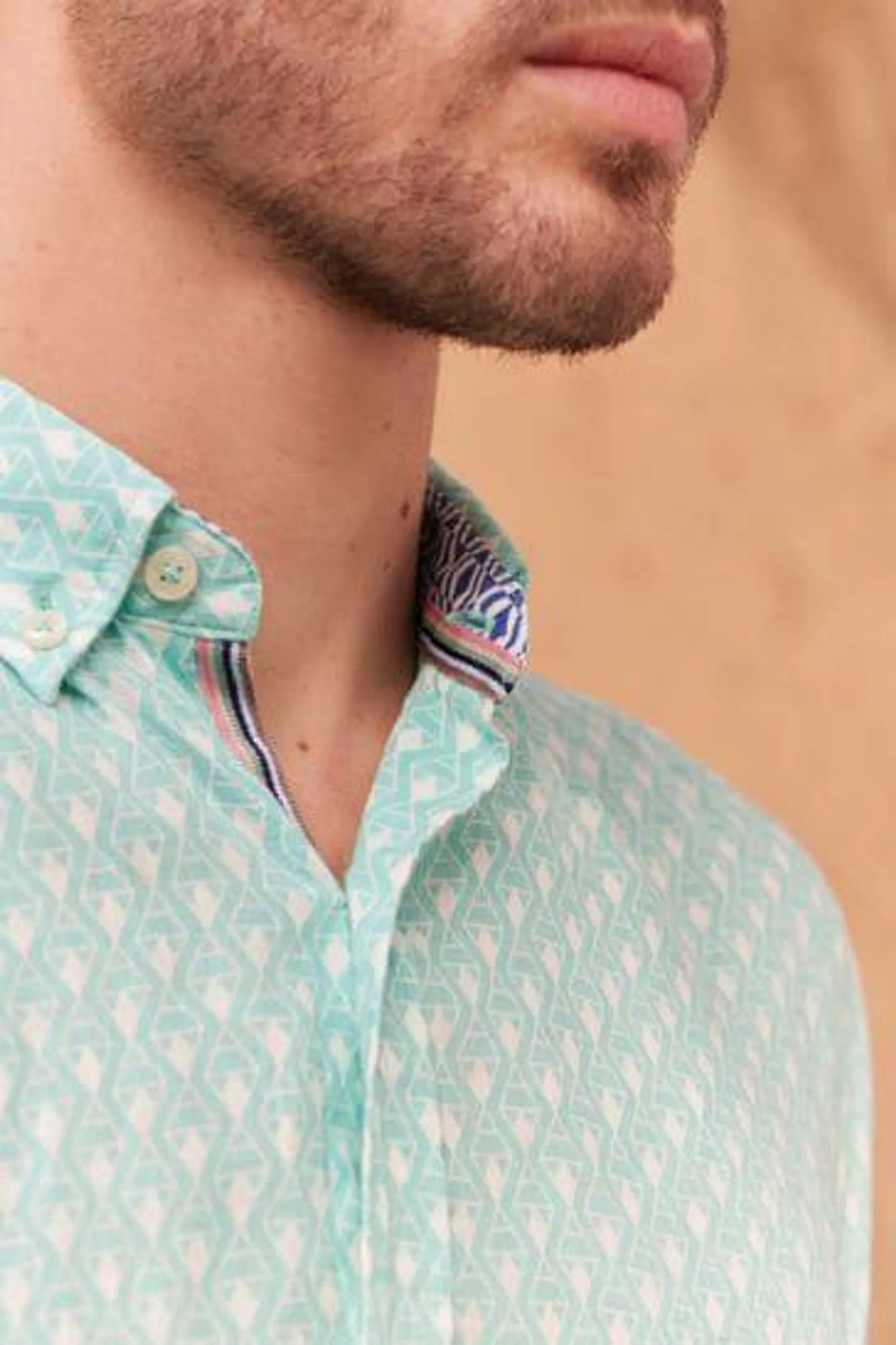 100% Linen Roll Sleeve Printed Shirt