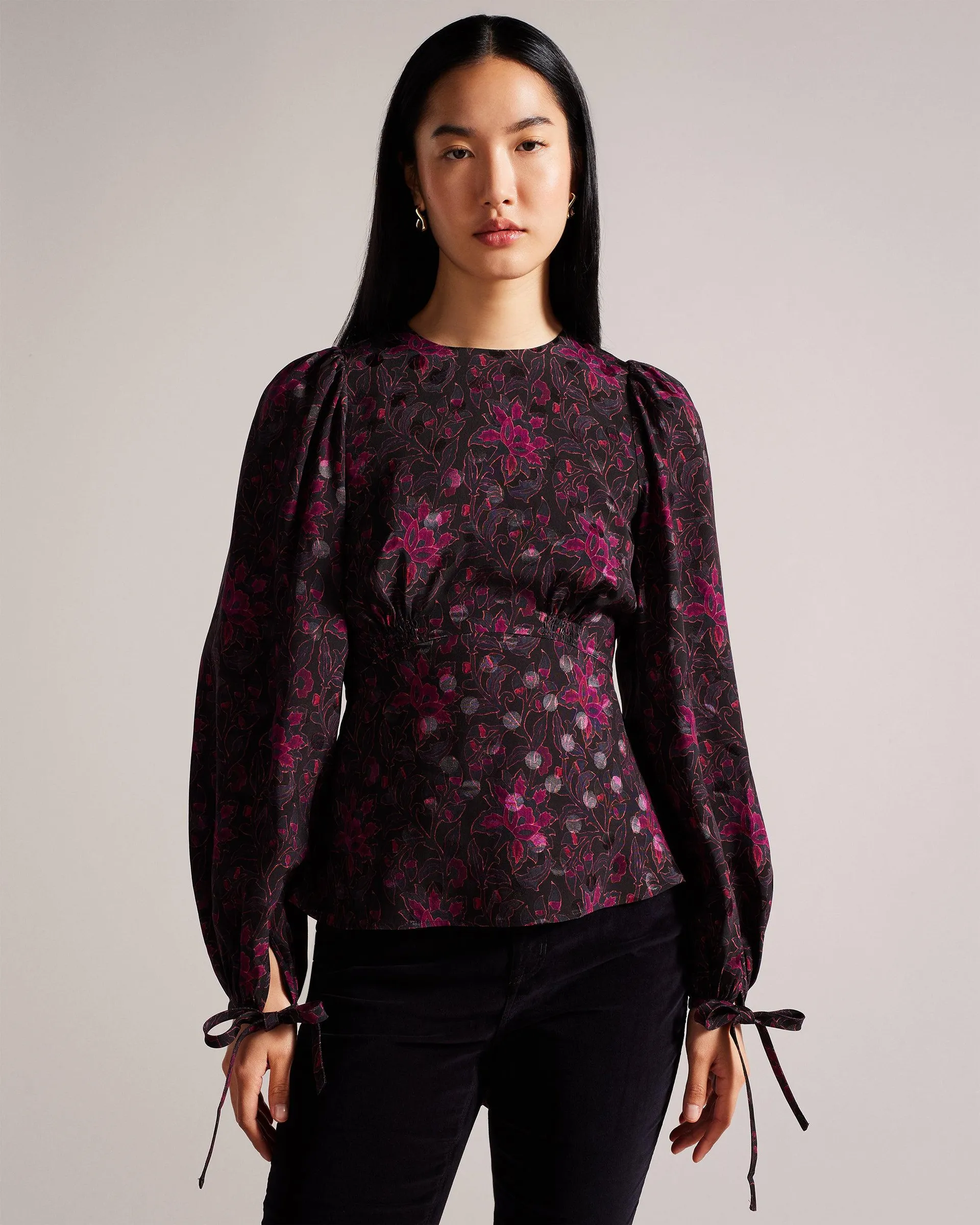 Printed Peplum Top With Cuffed Sleeves