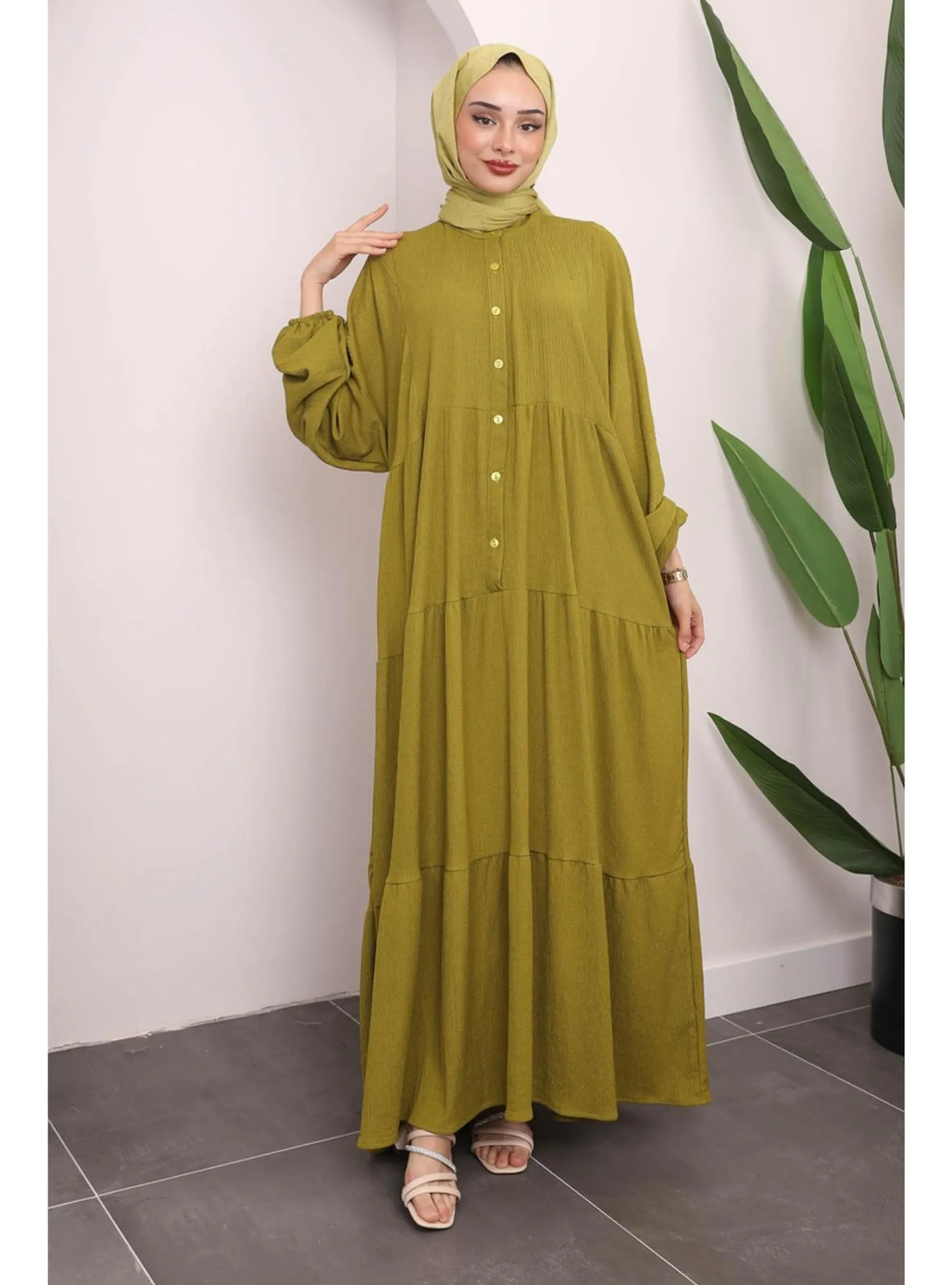 Olive Green - Unlined - Modest Dress