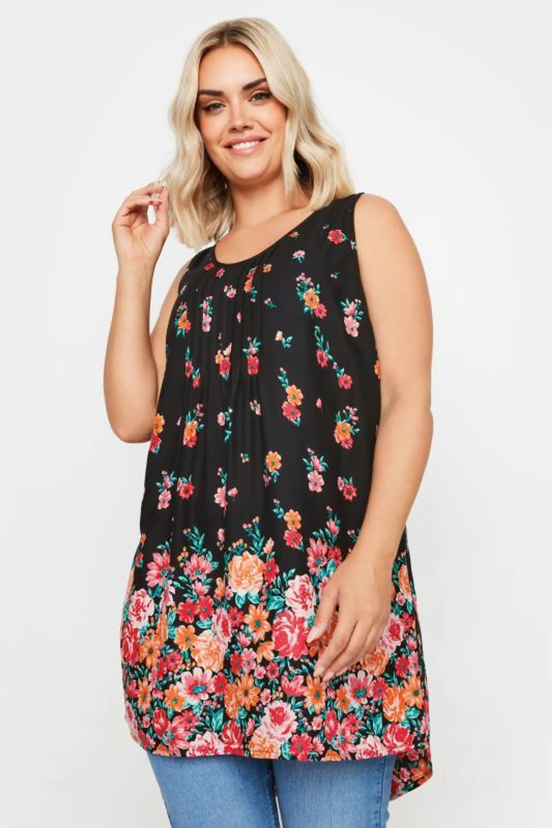 YOURS Curve Black Floral Print Dipped Hem Pleated Vest