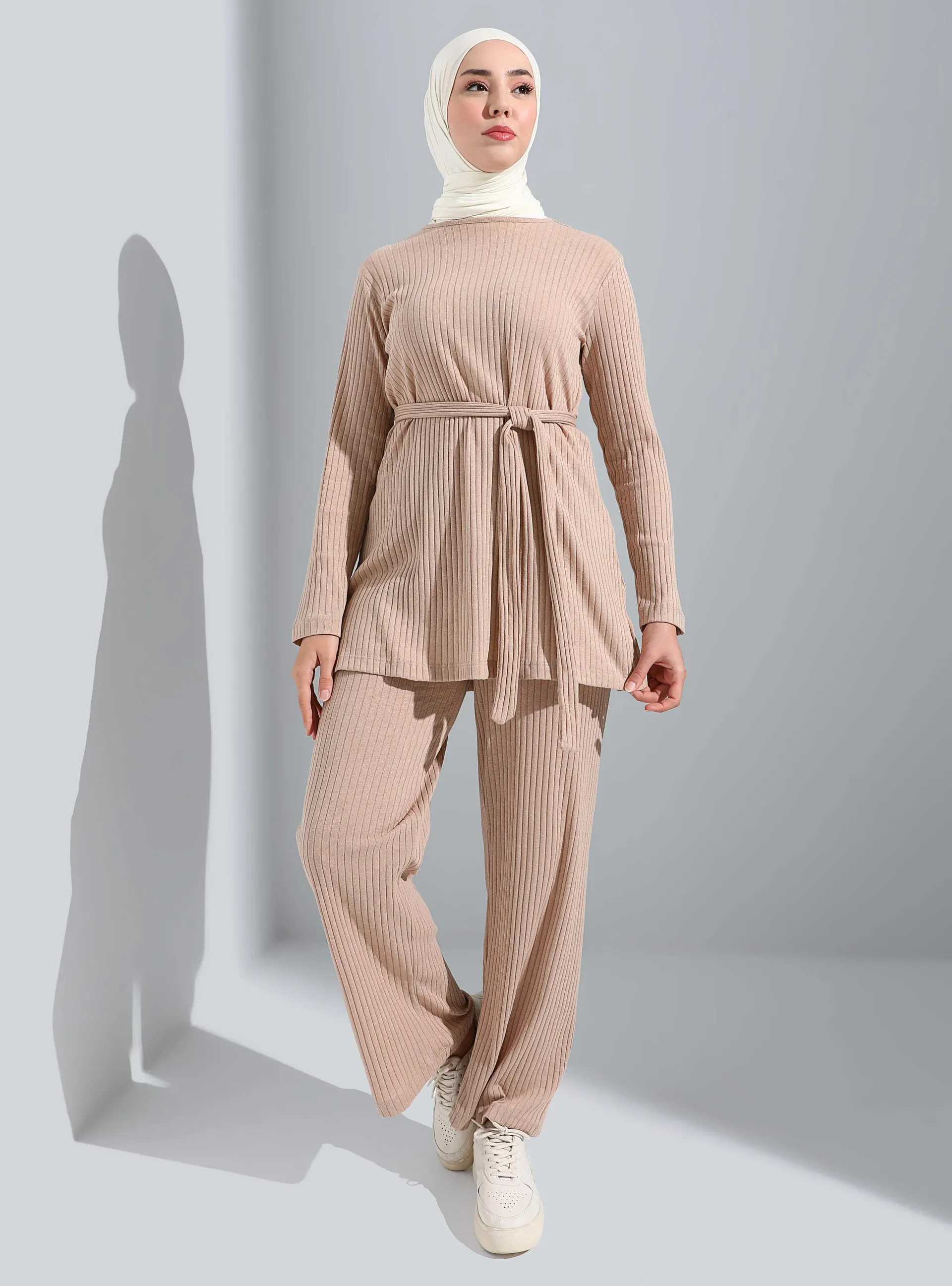 Beige - Unlined - Crew neck - Suit