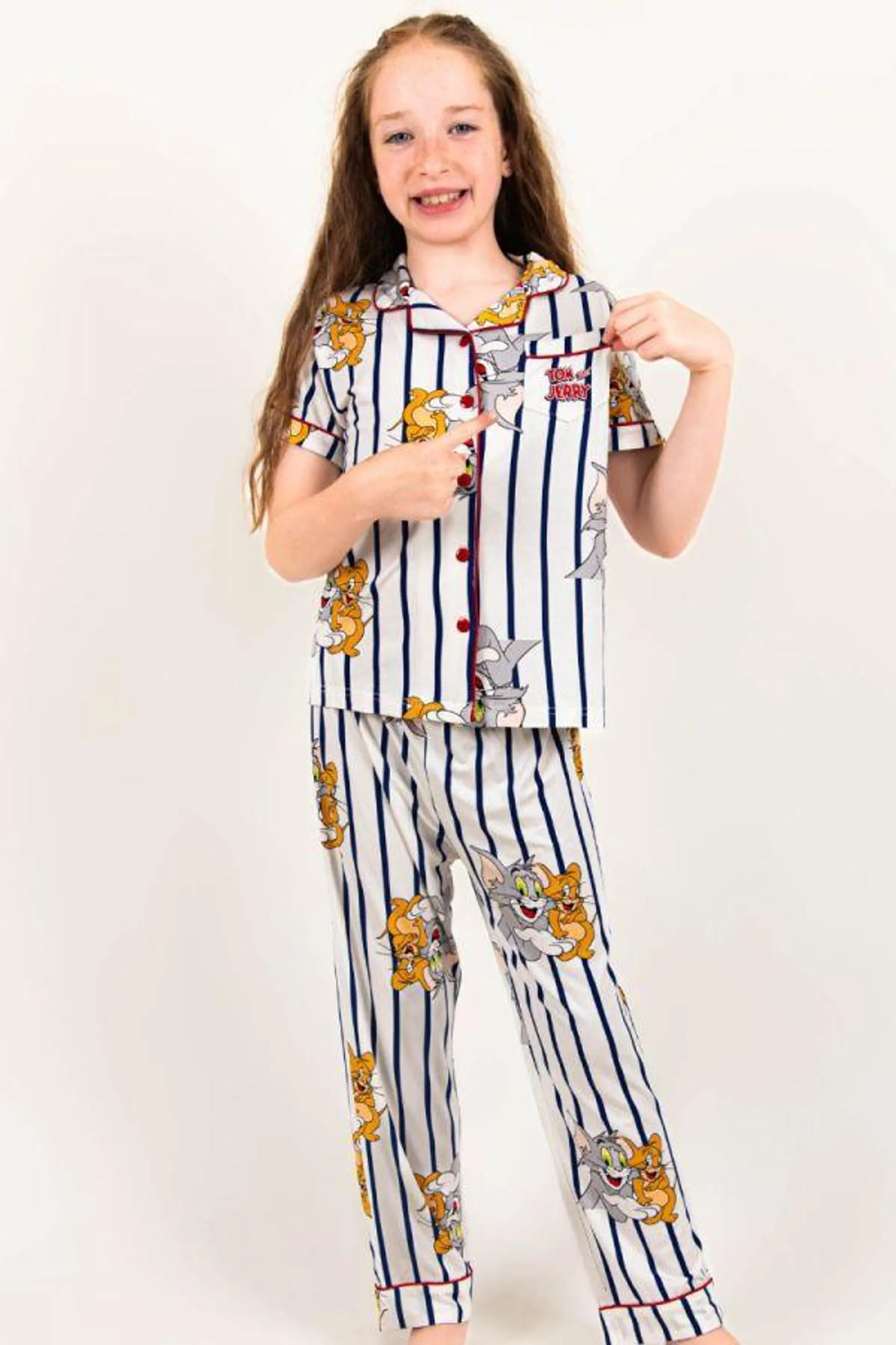 Girls White Blue Stripe Tom & Jerry Button Through PJ