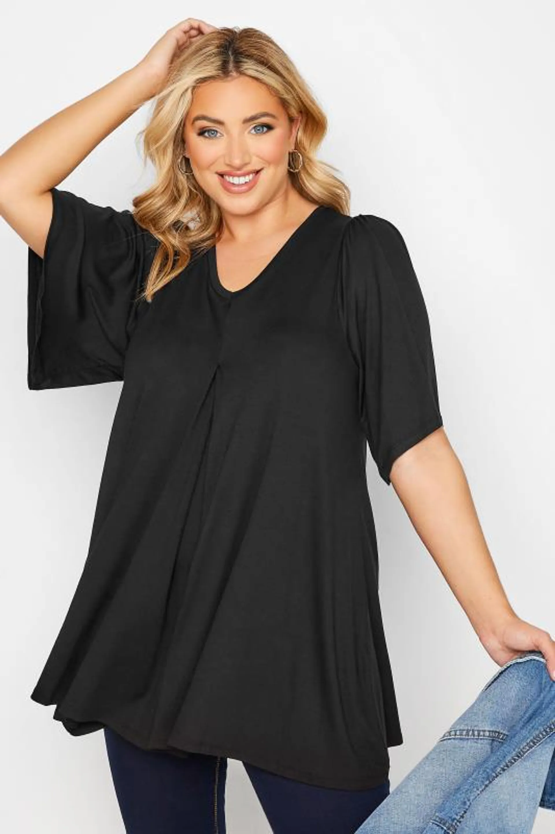 YOURS Curve Black Pleat Angel Sleeve Swing Top