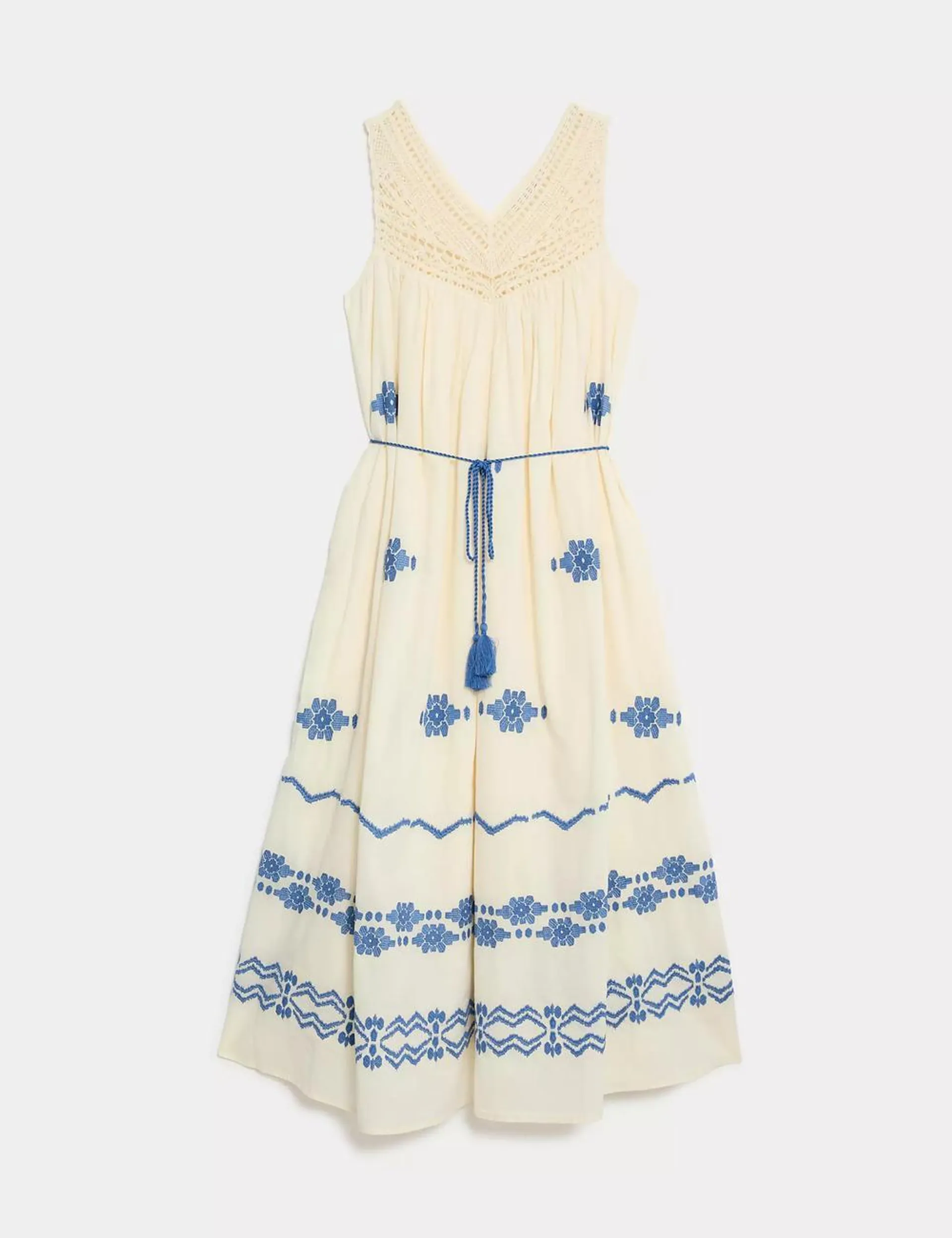 Pure Cotton Embroidered V-Neck Midi Dress