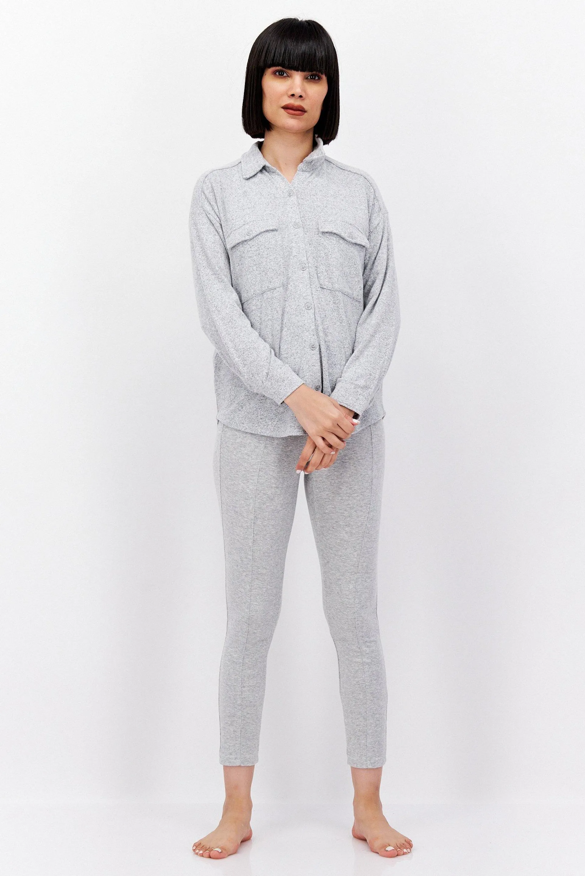 Women Heather Long Sleeve Pajama Shirt, Grey