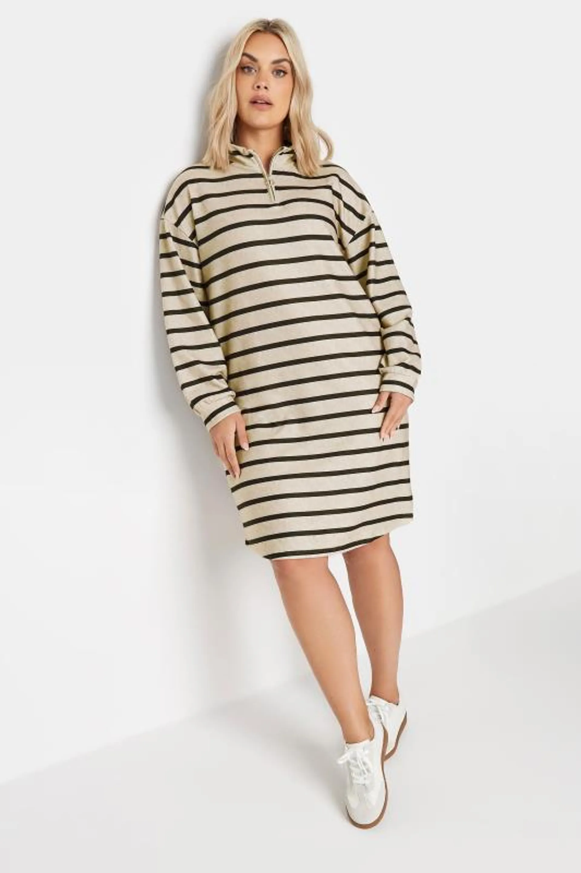 YOURS Curve Beige Brown & Black Stripe Soft Touch Jumper Dress