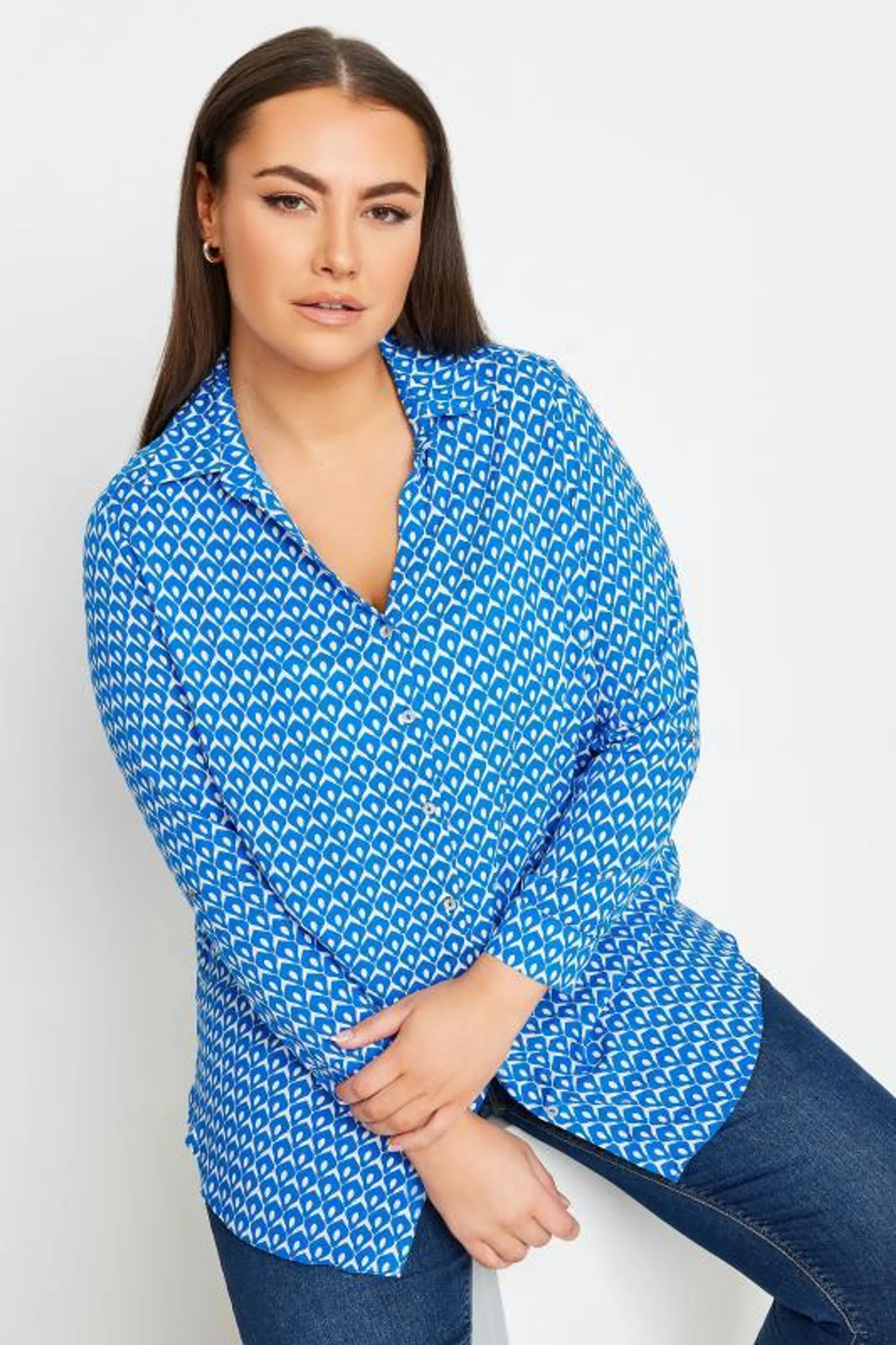 YOURS Curve Blue Geometric Print Button Through Shirt