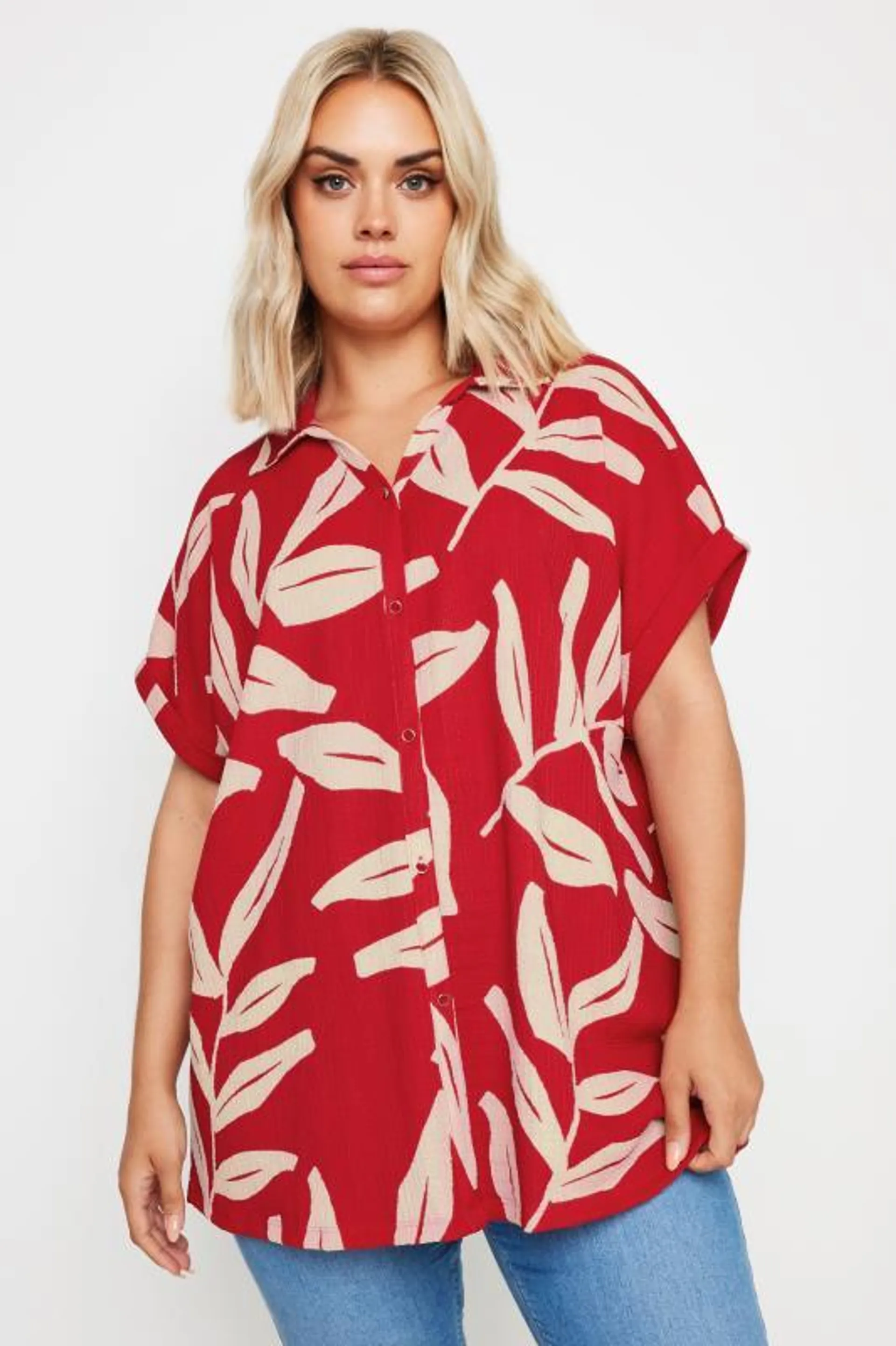 YOURS Curve Red Leaf Print Crinkle Short Sleeve Shirt