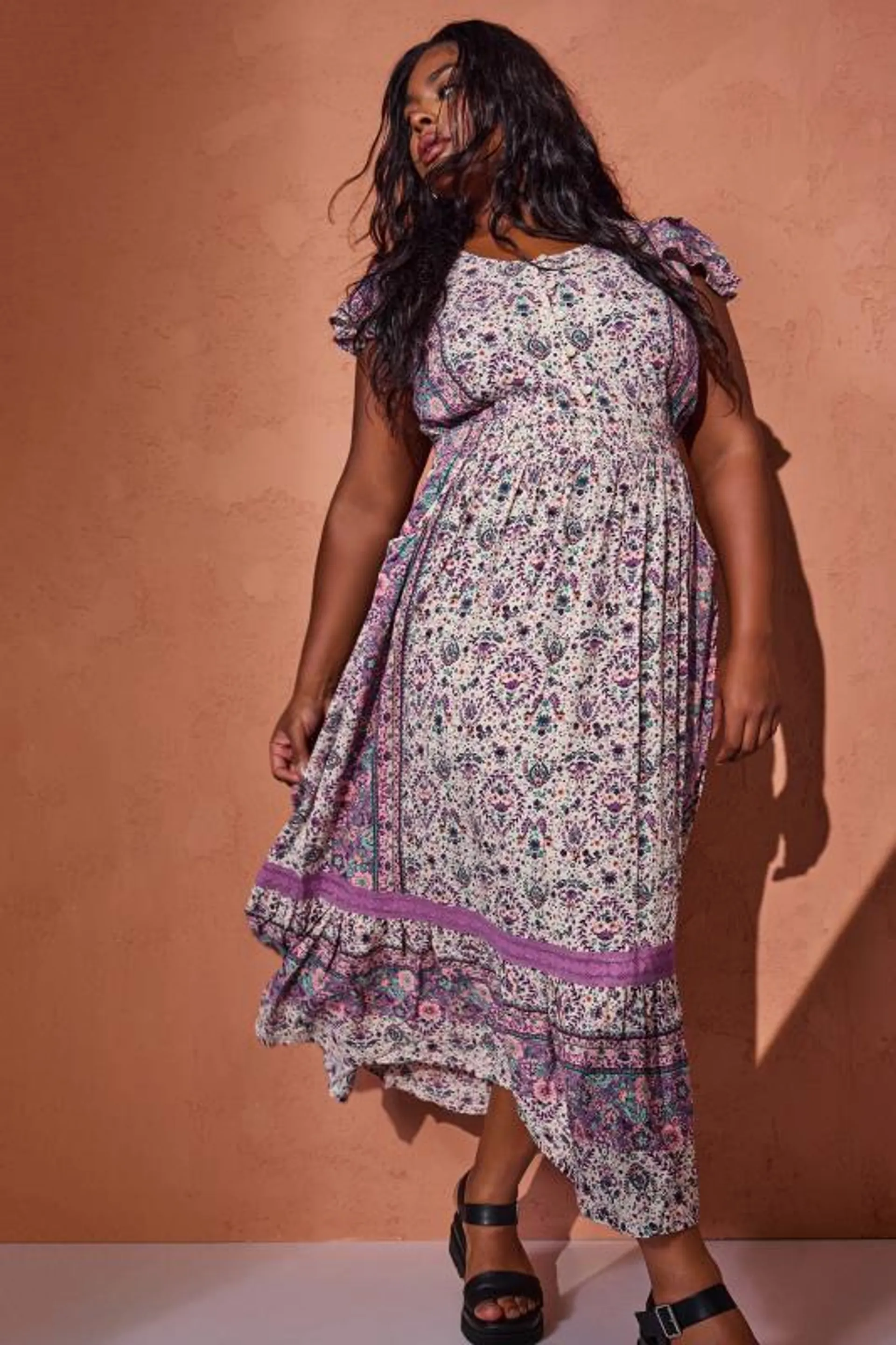 YOURS Curve Purple Floral Print Crinkle Maxi Dress