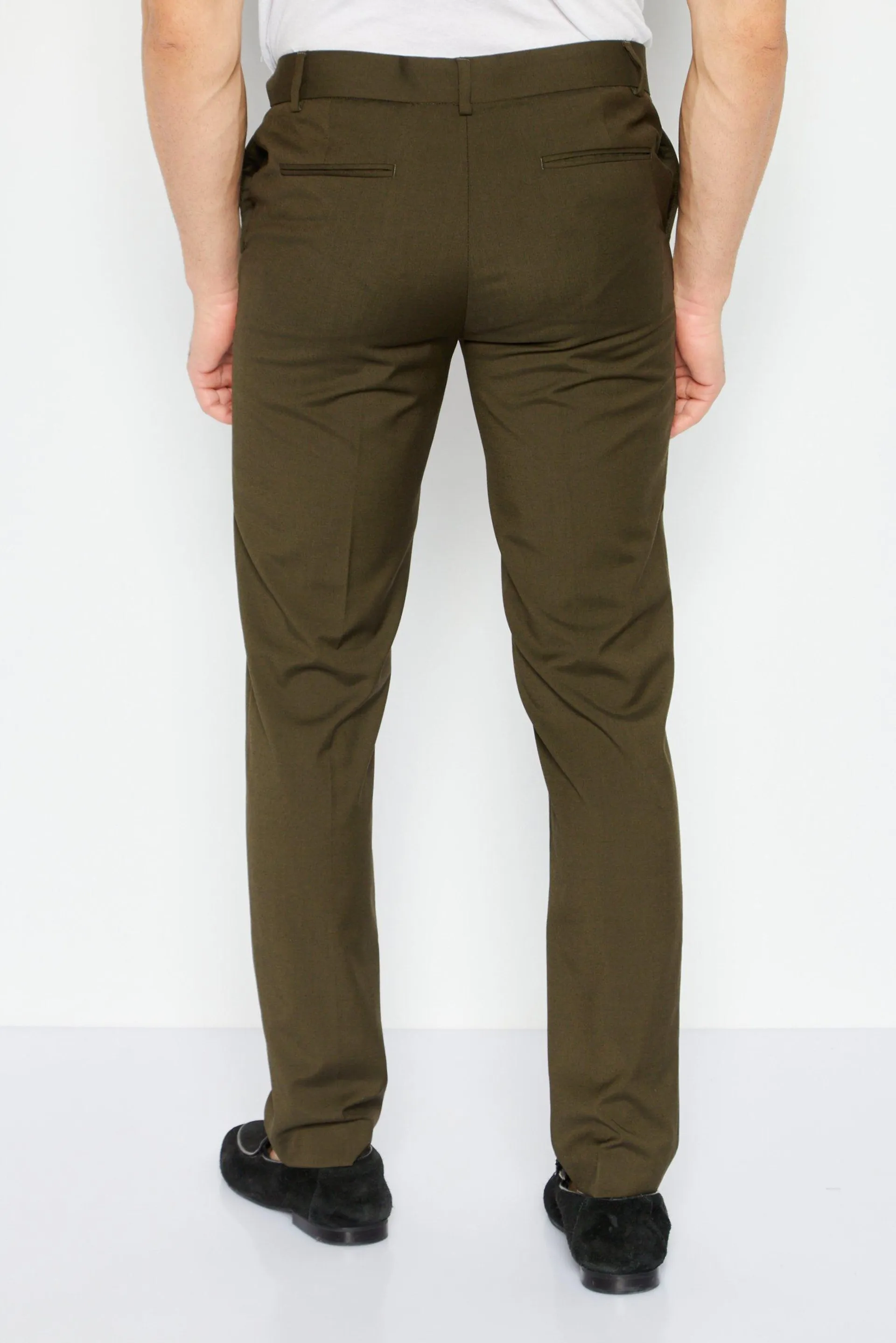 Men Regular Fit Plain Stretchable Dress Pants, Olive