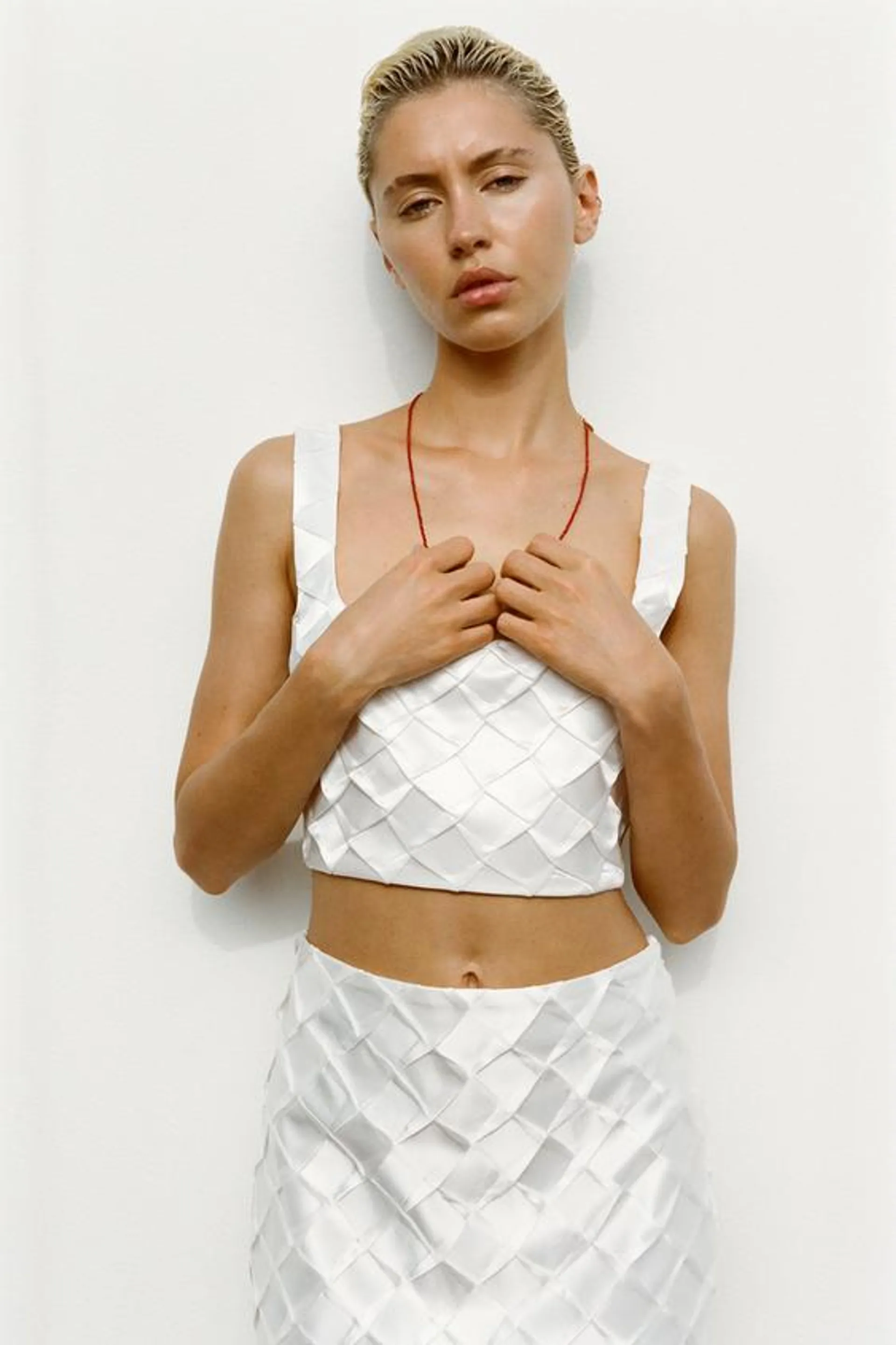 SATIN CROP TOP WITH DIAMOND PLEATING