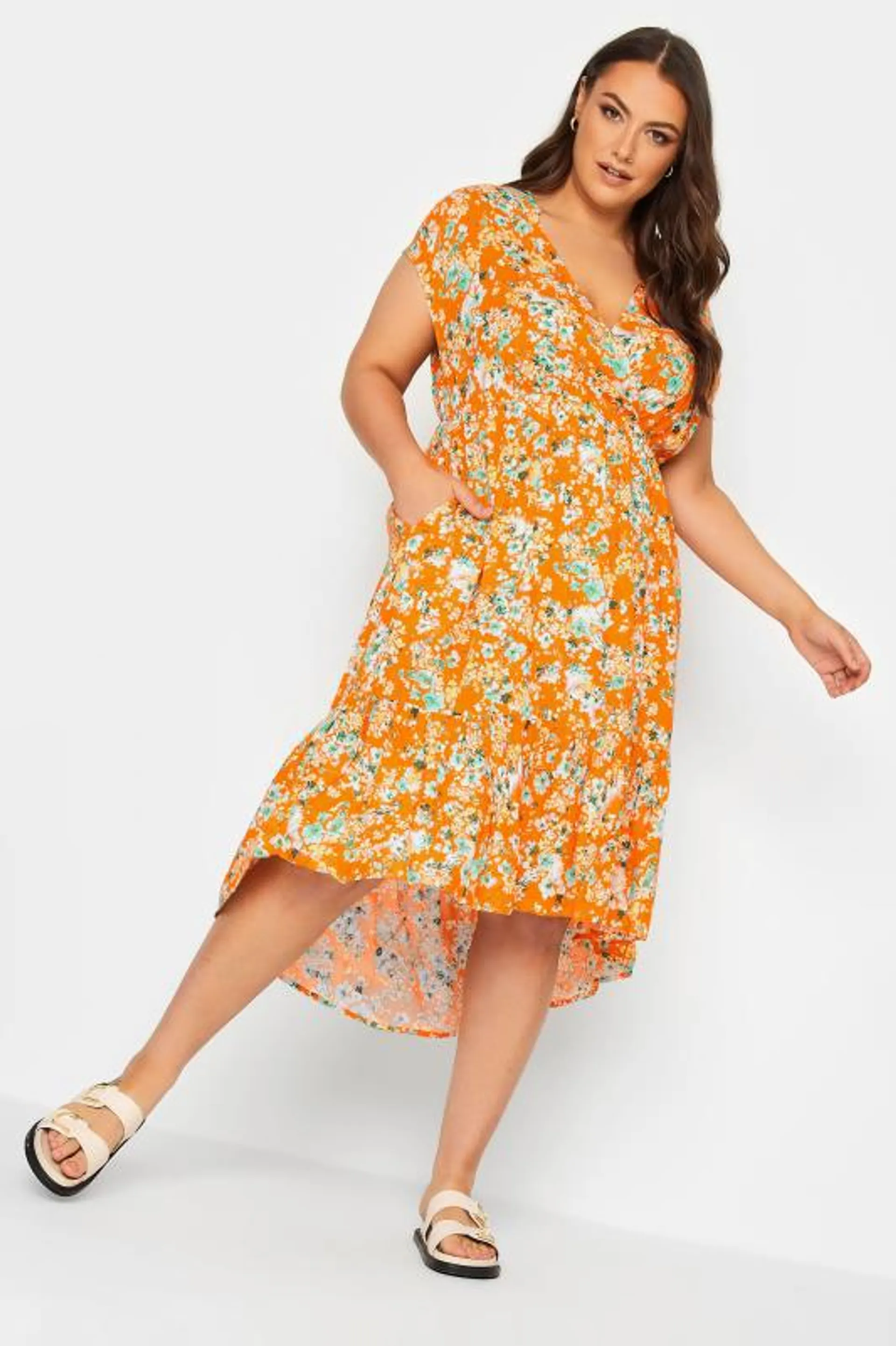 YOURS Curve Orange Floral Print High Low Wrap Dress