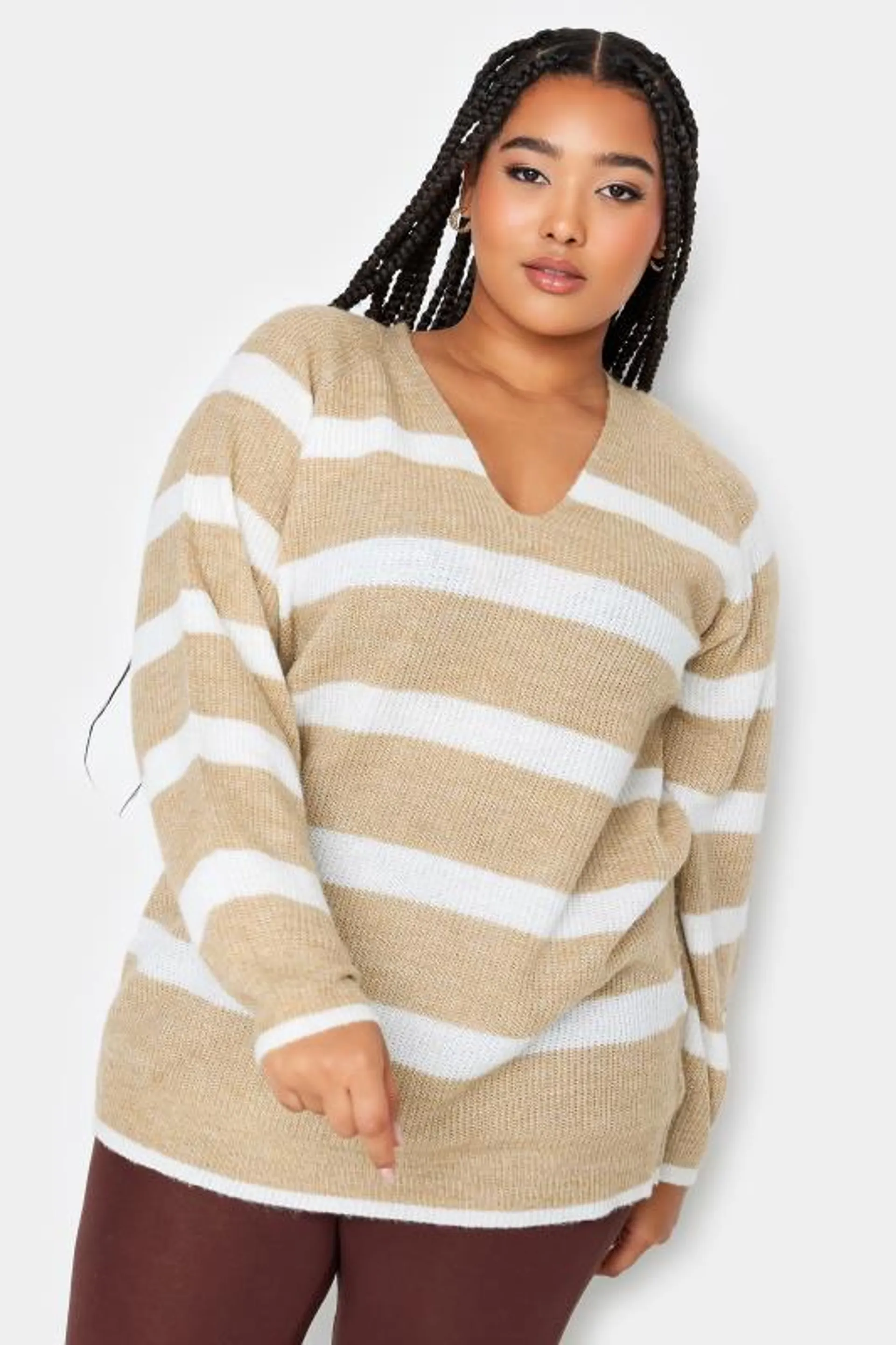 YOURS Curve Beige Brown Stripe Knitted Jumper