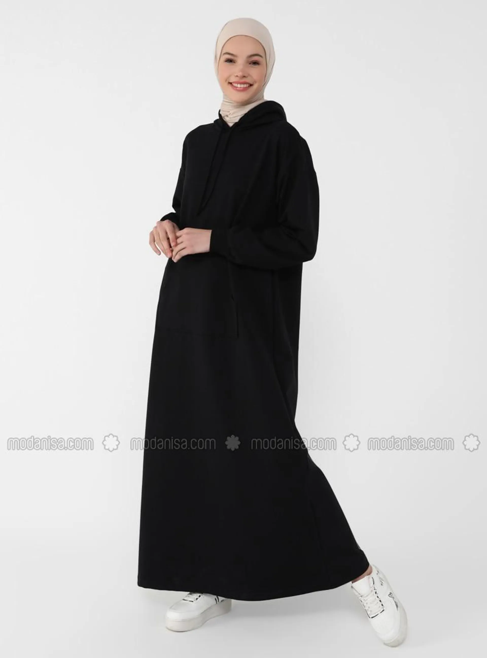 Kangaroo Pocket Hooded Modest Dress Navy Blue