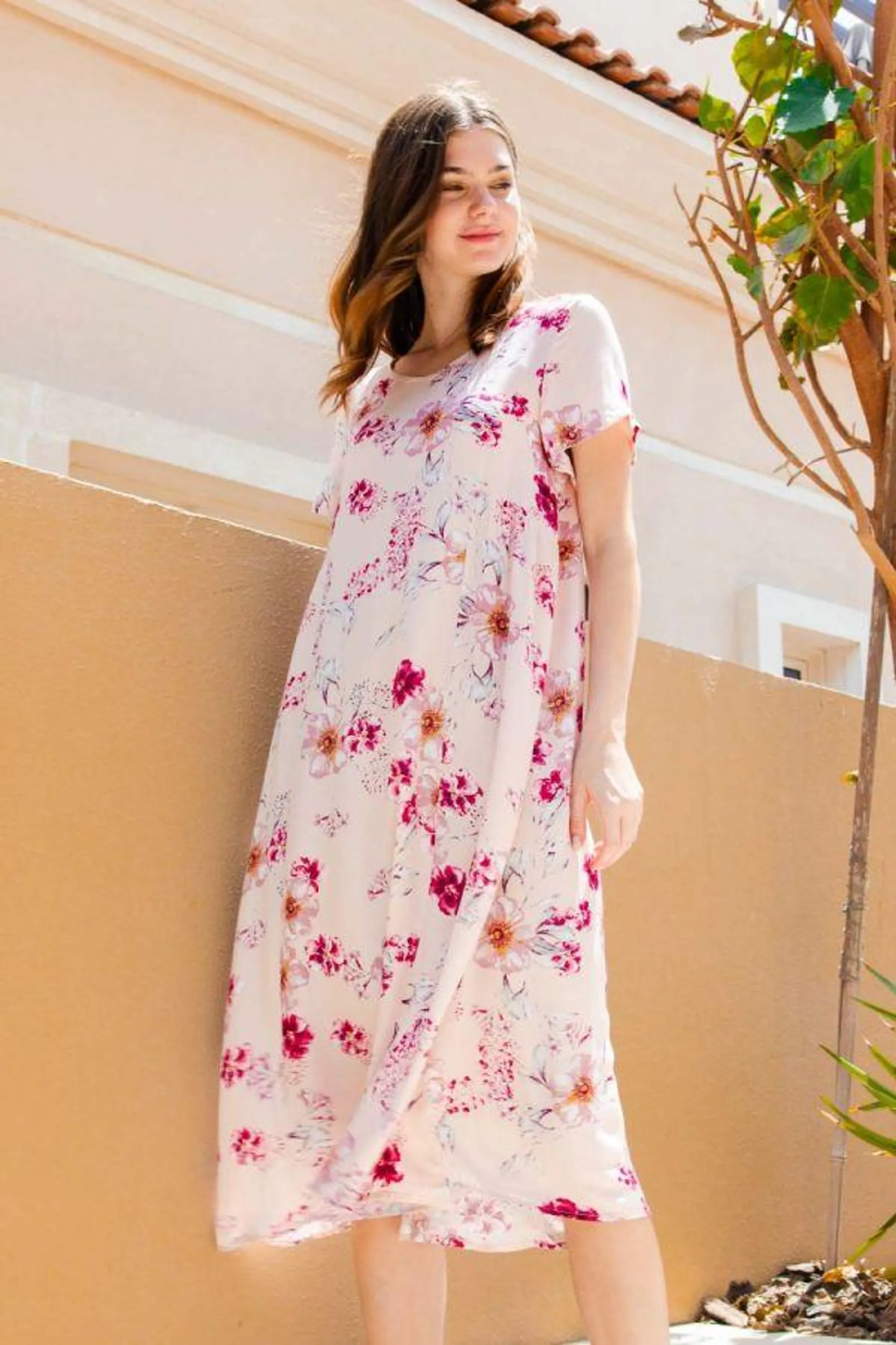 Ladies Peach Pink Floral Dress