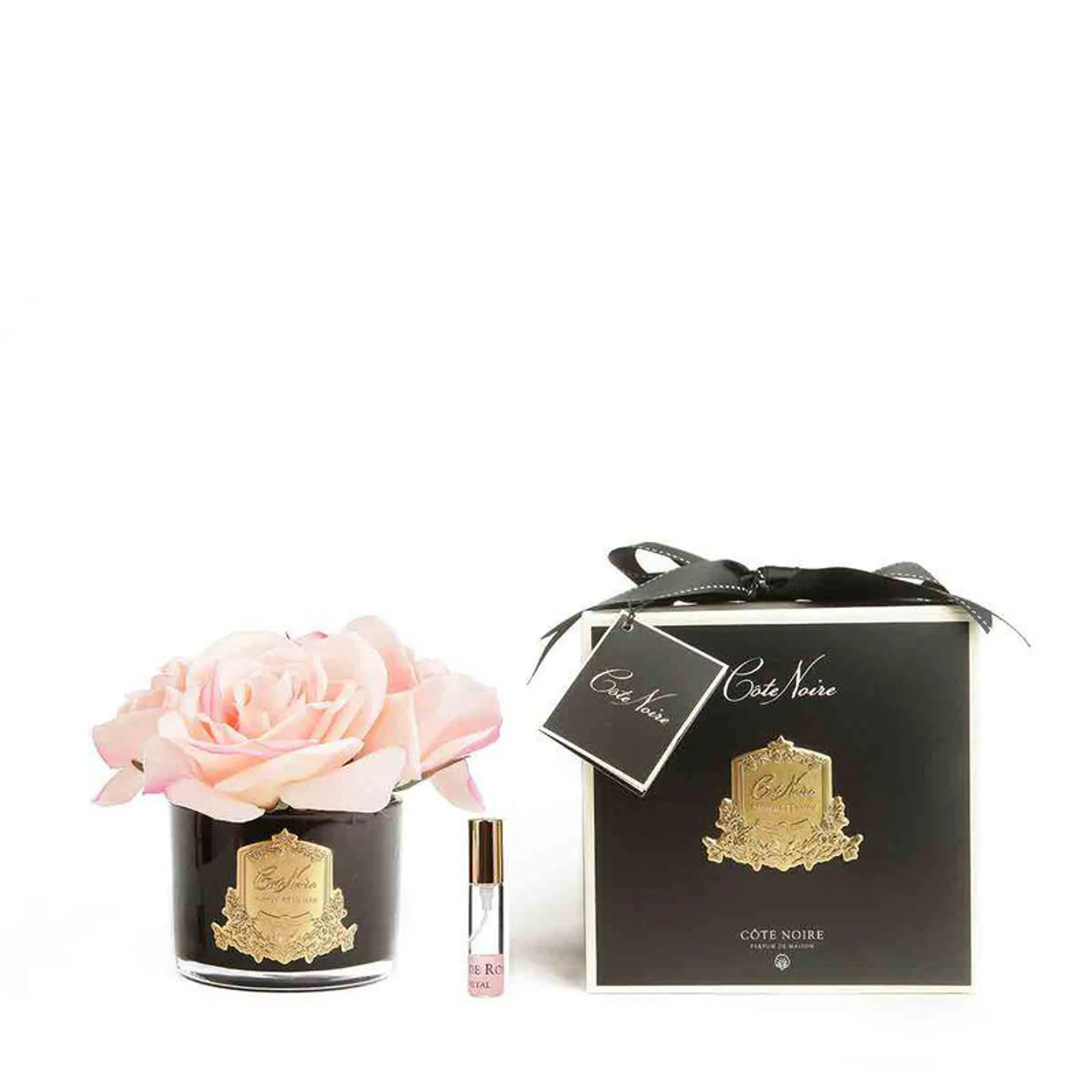 Home Diffuser Five Rose Cherry Pink in Black Glass with Gold Badge