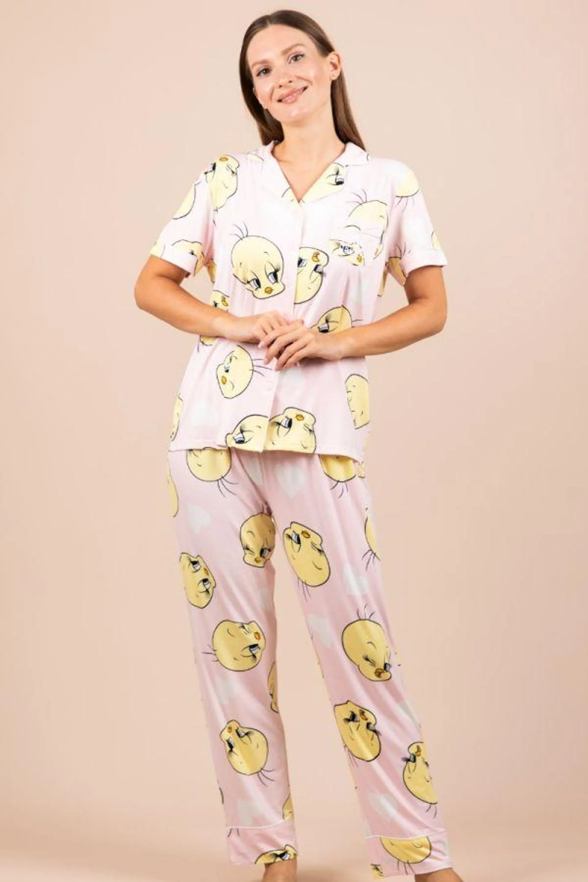 Ladies Pink Tweety Button Through PJ