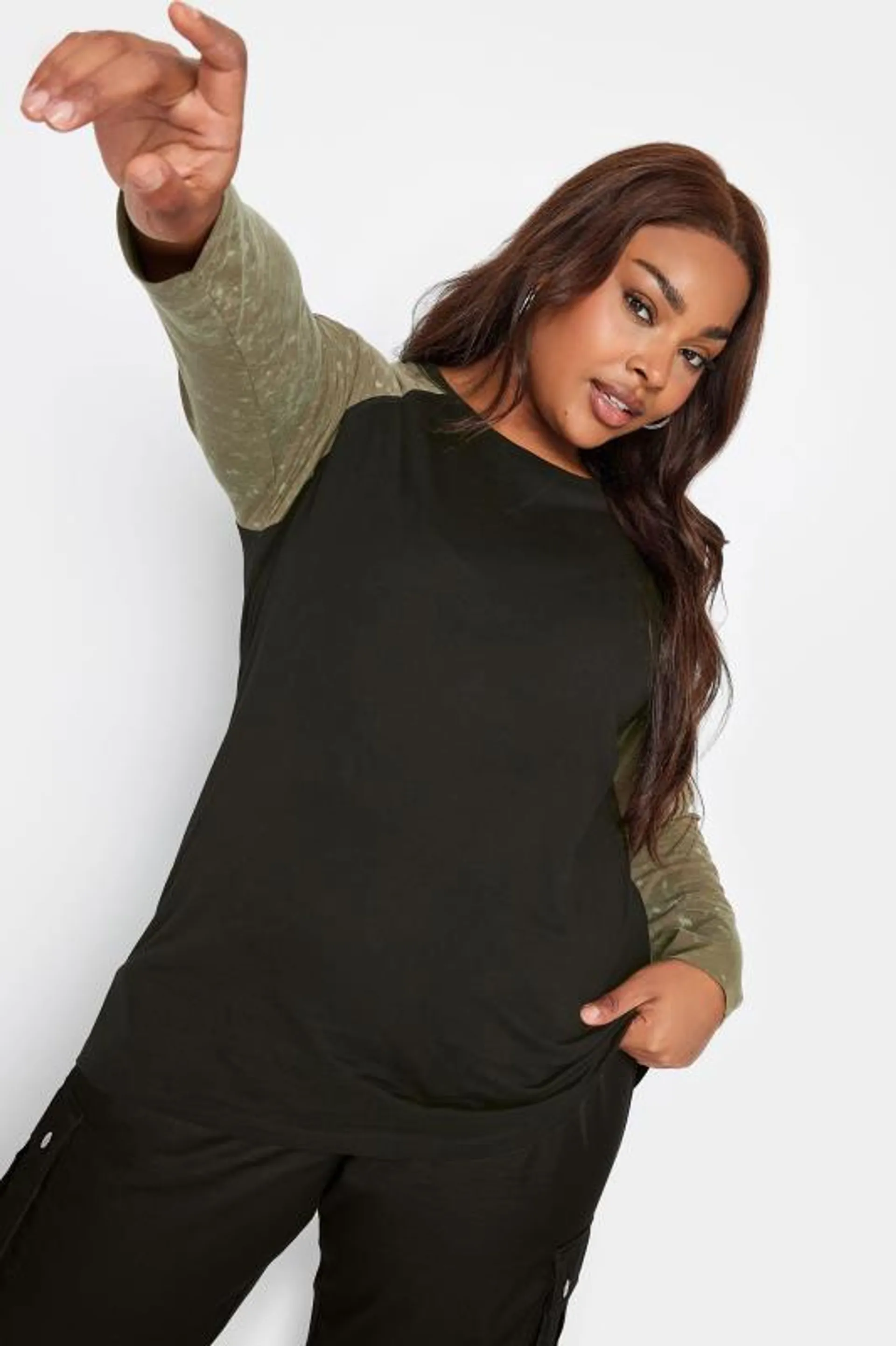 YOURS Curve Khaki Green & Black Long Sleeve Raglan Top