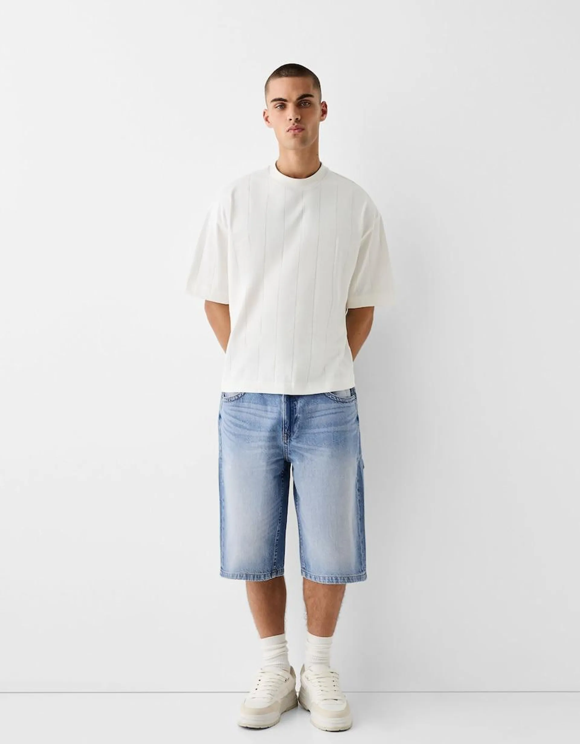 Super baggy embroidered denim Bermuda shorts