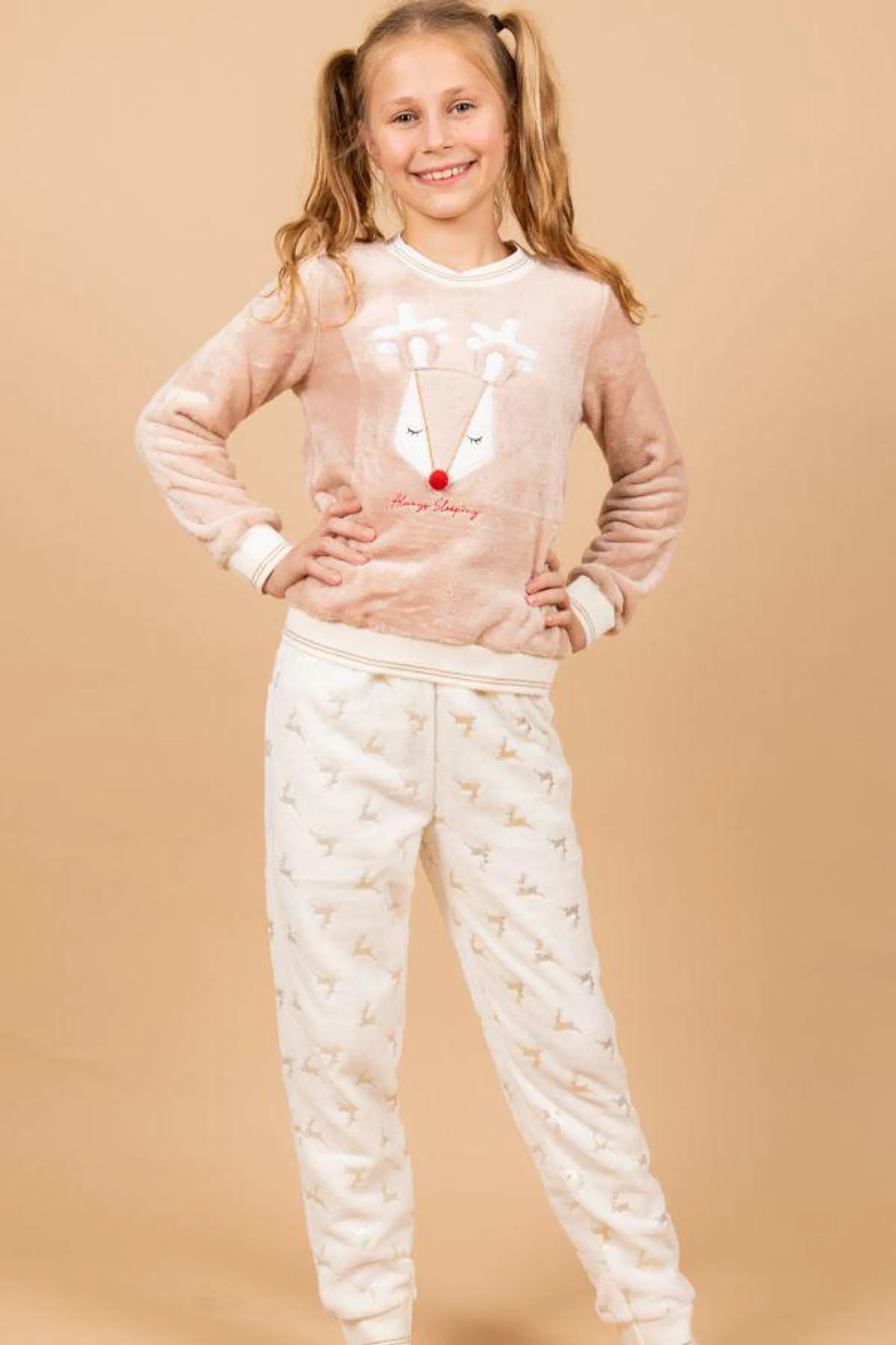 Girls Beige Reindeer PJ