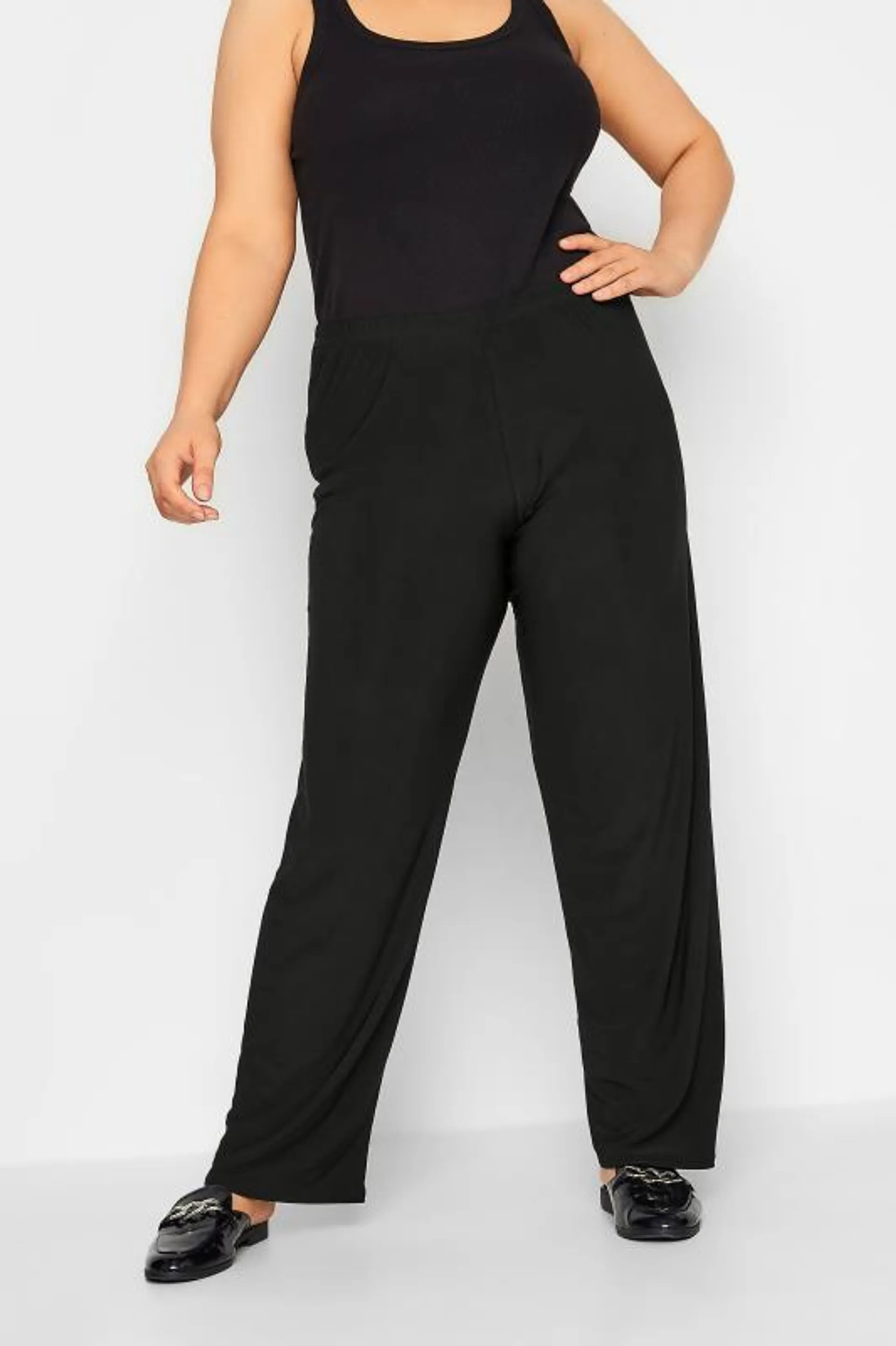 YOURS Curve Black Pull On Wide Leg Stretch Trousers