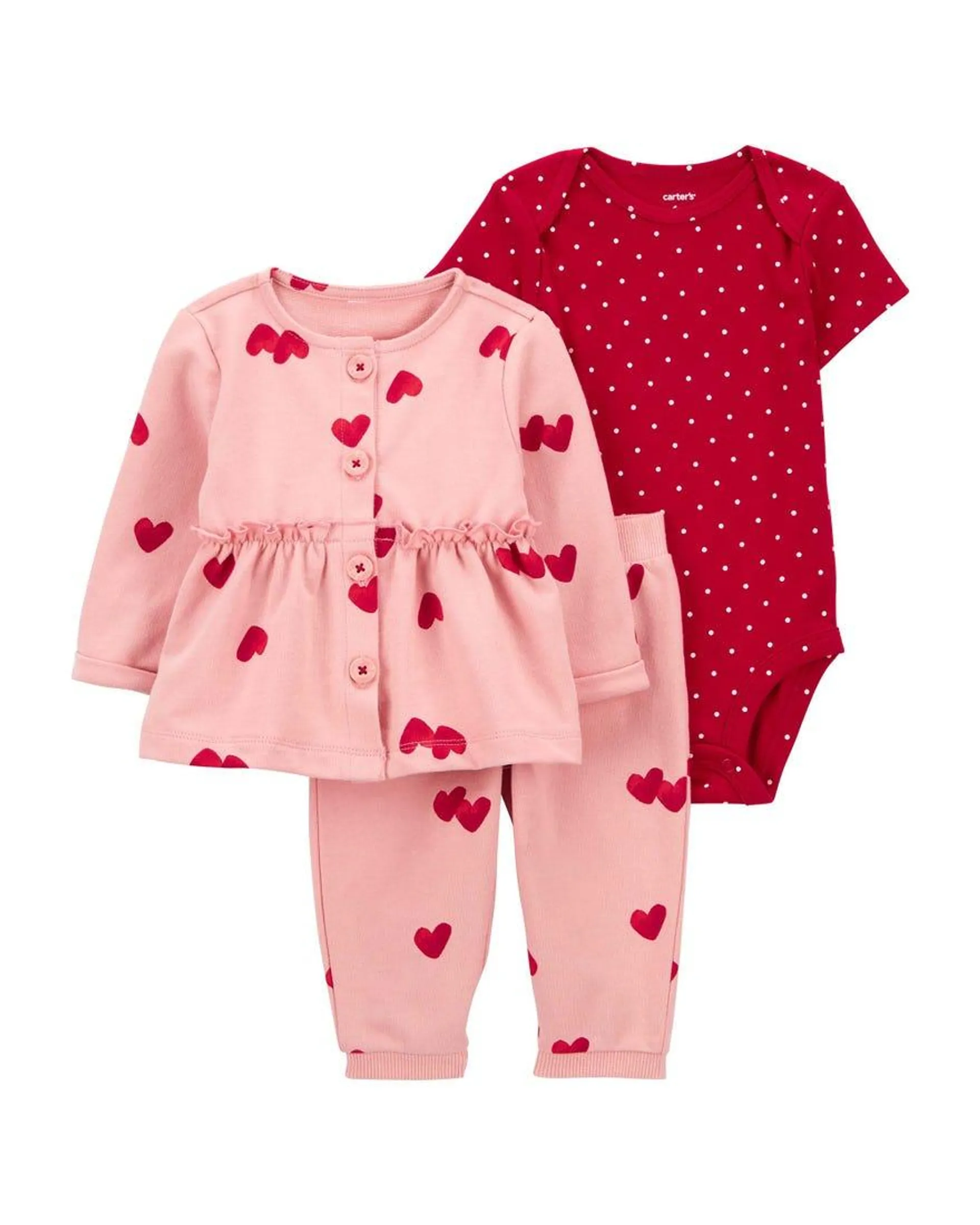 3-Piece Hearts and Polka Dots Print Cardigan Set - Red